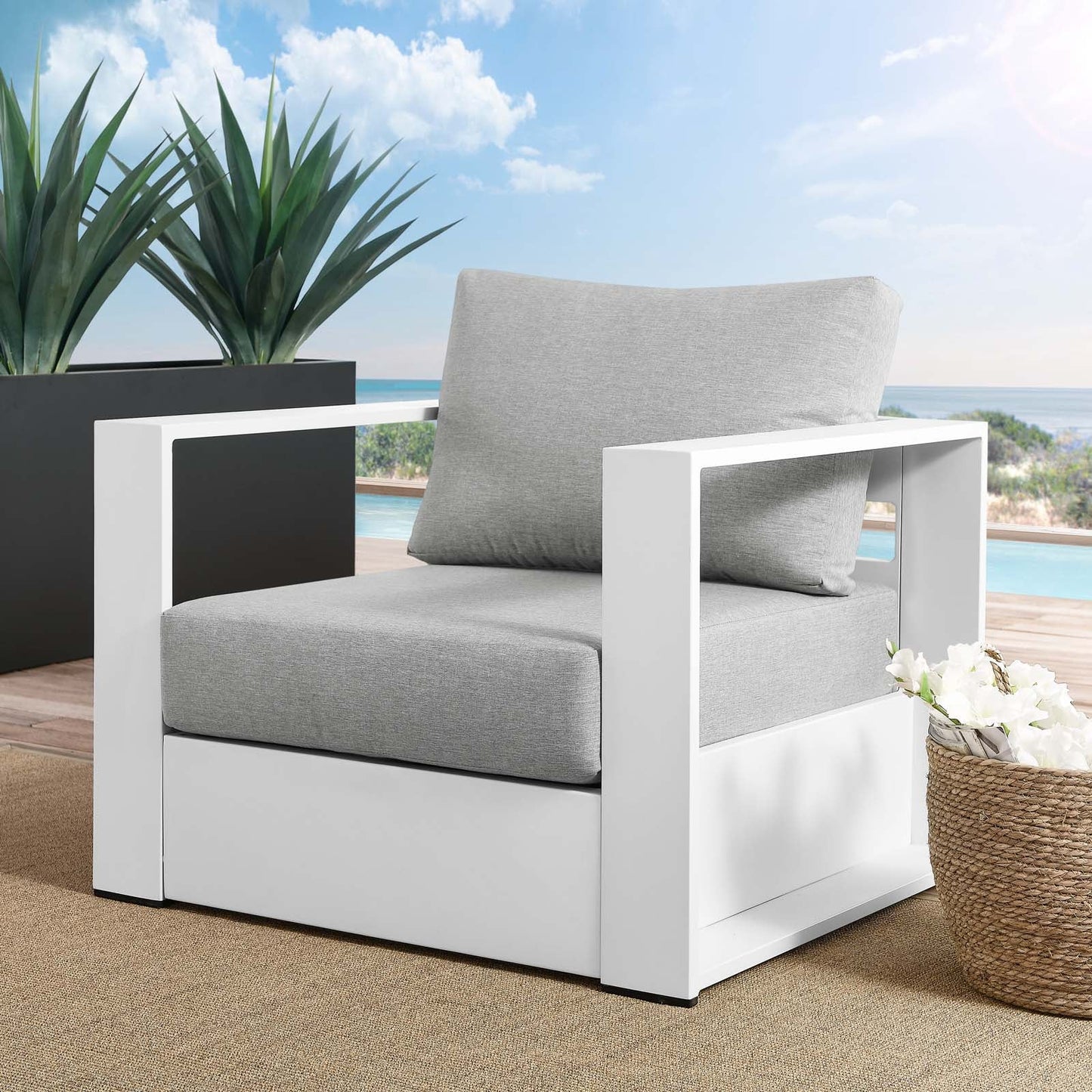 Tahoe Outdoor Patio Powder-Coated Aluminum Armchair White Gray EEI-5675-WHI-GRY