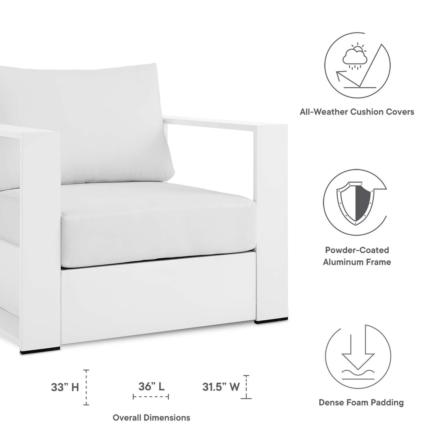 Tahoe Outdoor Patio Powder-Coated Aluminum Armchair White White EEI-5675-WHI-WHI