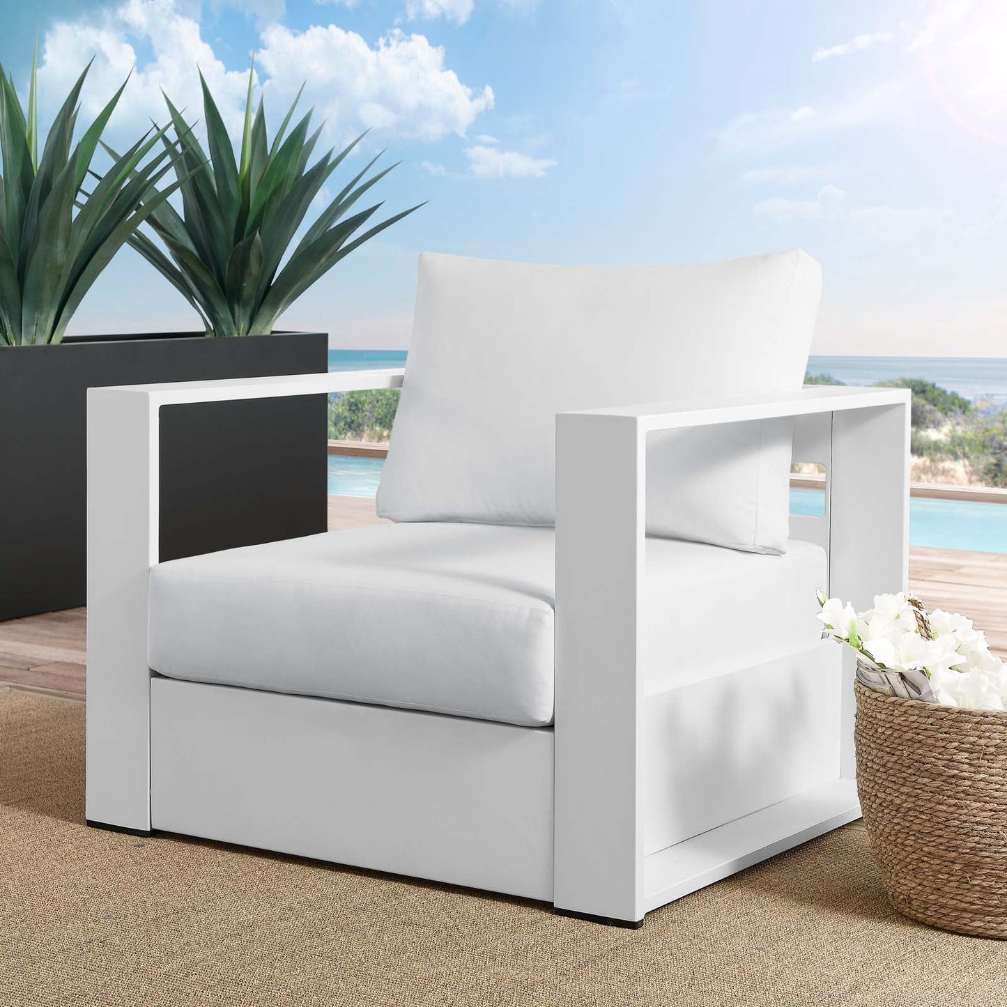 Tahoe Outdoor Patio Powder-Coated Aluminum Armchair White White EEI-5675-WHI-WHI