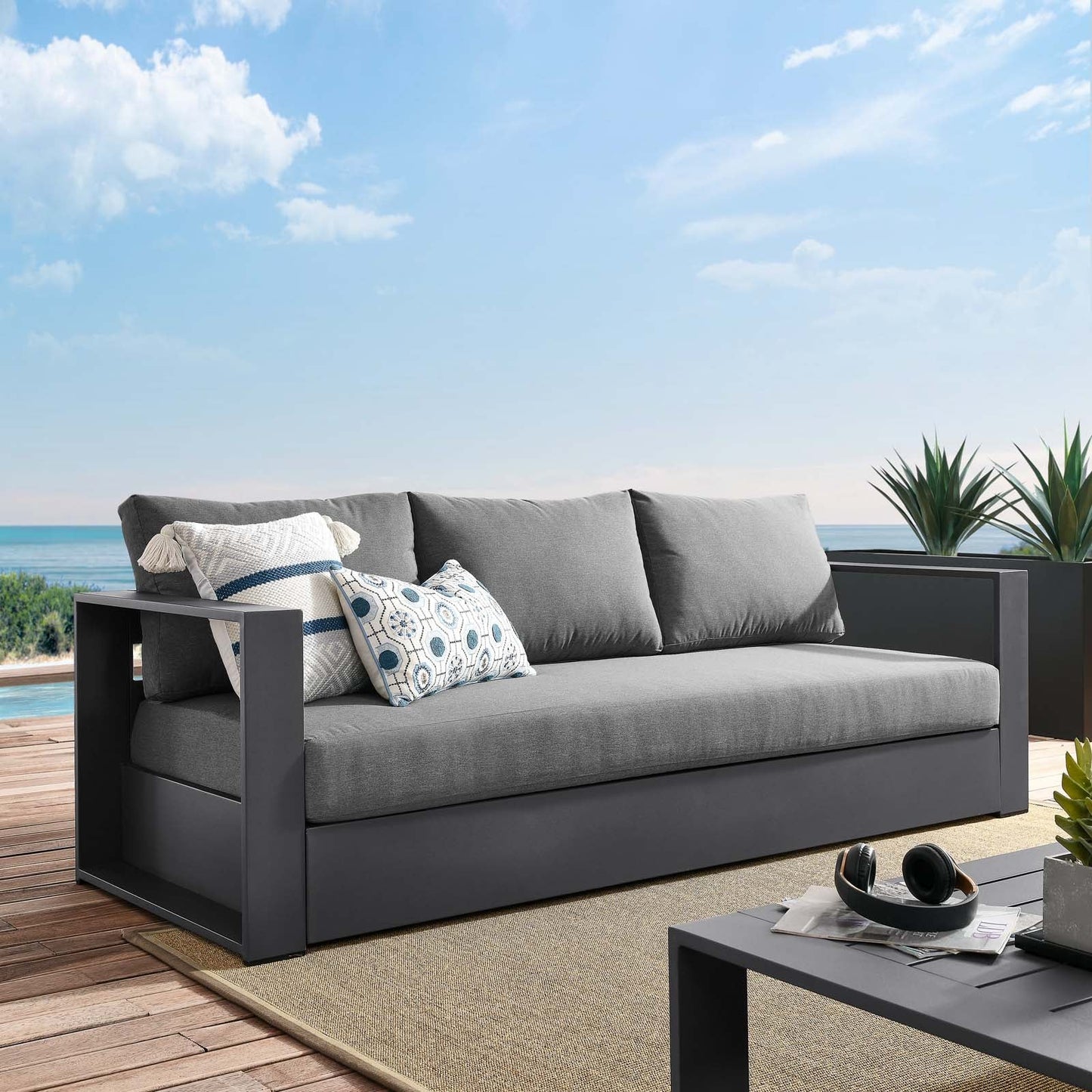 Tahoe Outdoor Patio Powder-Coated Aluminum Sofa Gray Charcoal EEI-5676-GRY-CHA