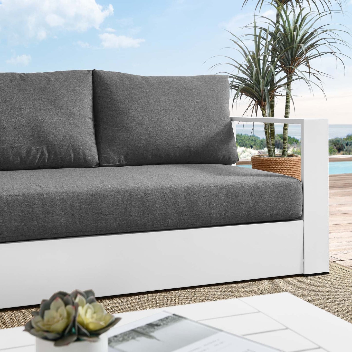 Tahoe Outdoor Patio Powder-Coated Aluminum Sofa White Charcoal EEI-5676-WHI-CHA