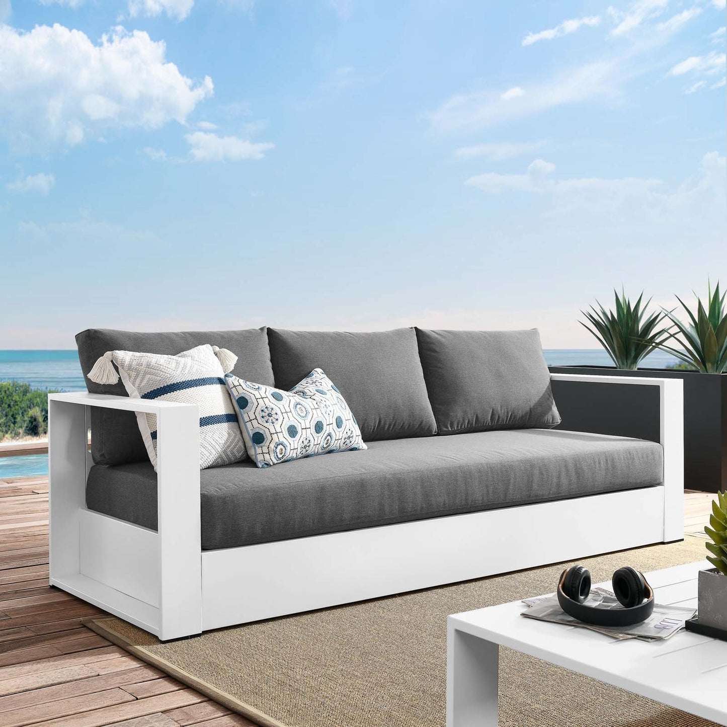 Tahoe Outdoor Patio Powder-Coated Aluminum Sofa White Charcoal EEI-5676-WHI-CHA