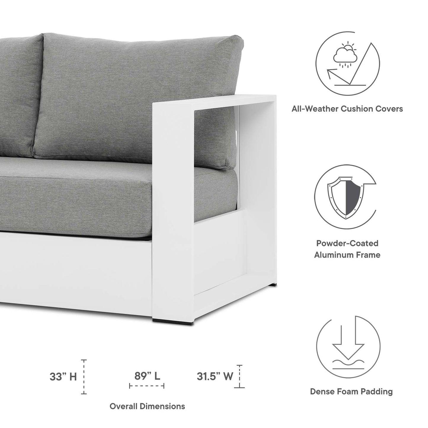 Tahoe Outdoor Patio Powder-Coated Aluminum Sofa White Gray EEI-5676-WHI-GRY