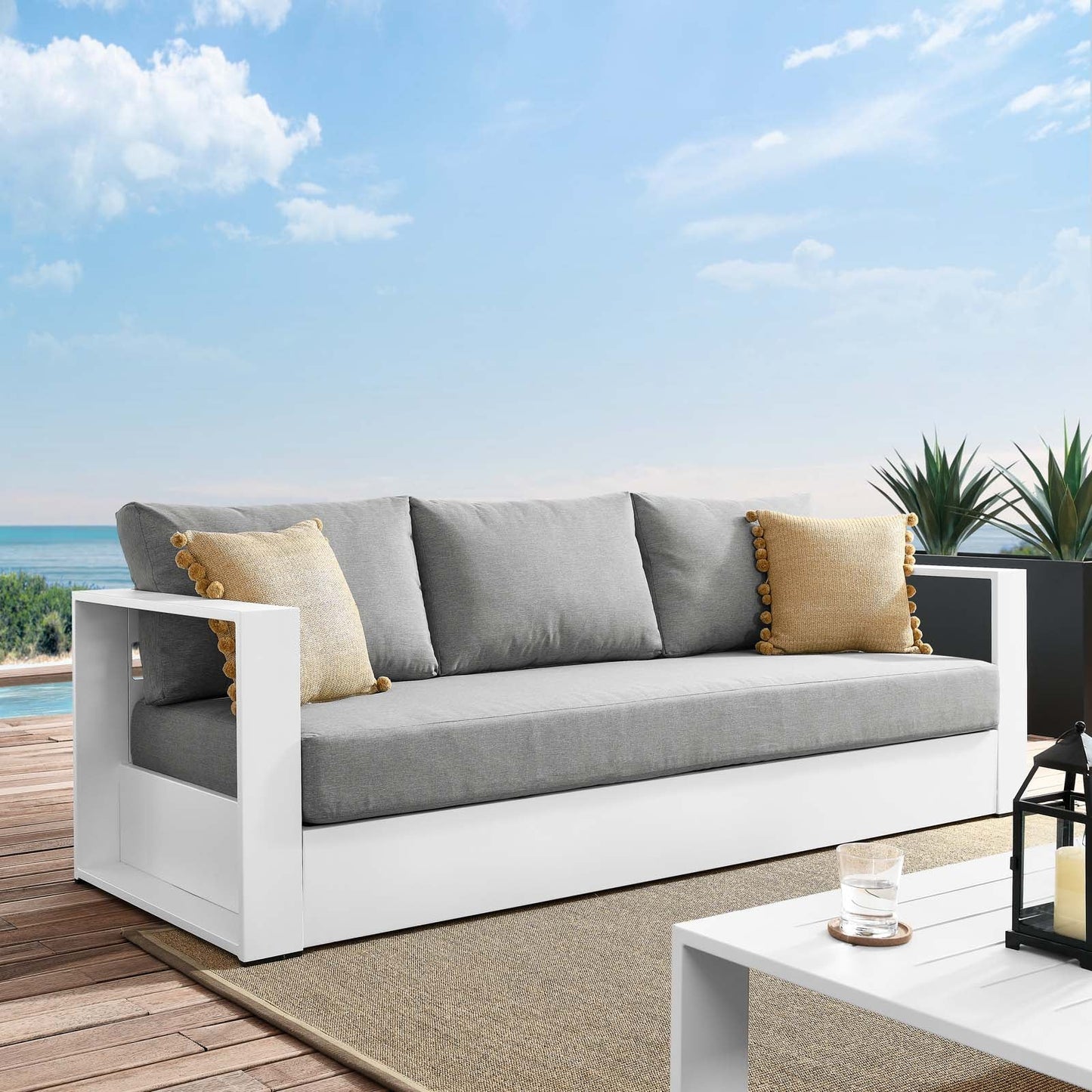 Tahoe Outdoor Patio Powder-Coated Aluminum Sofa White Gray EEI-5676-WHI-GRY