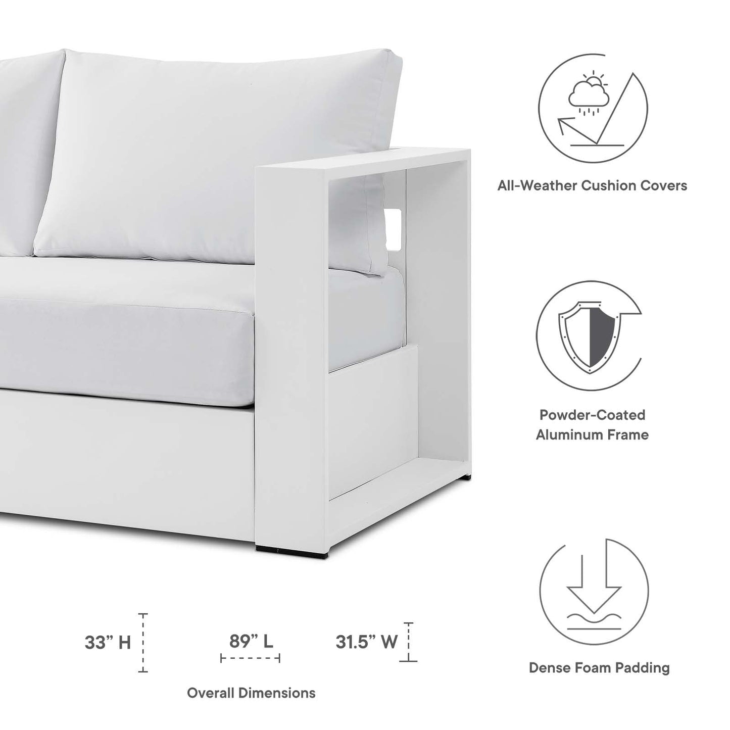 Tahoe Outdoor Patio Powder-Coated Aluminum Sofa White White EEI-5676-WHI-WHI