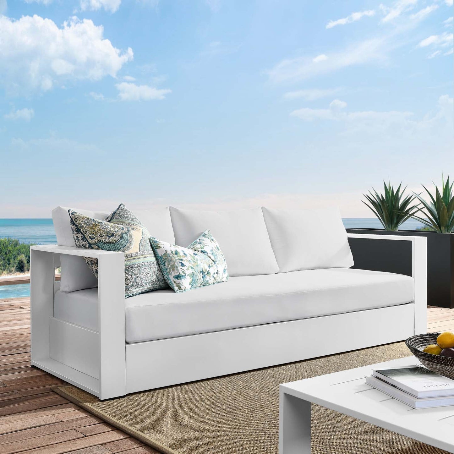 Tahoe Outdoor Patio Powder-Coated Aluminum Sofa White White EEI-5676-WHI-WHI