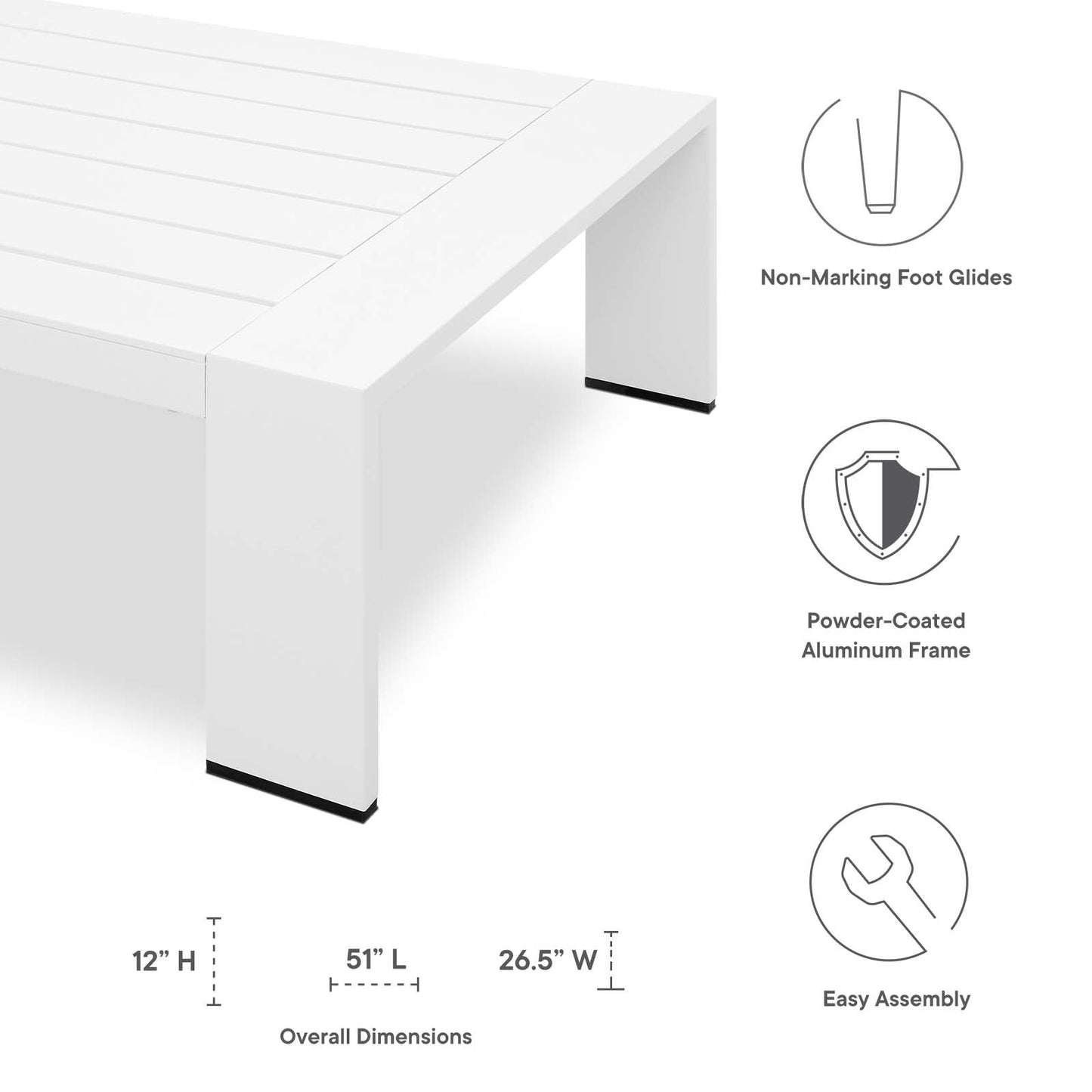 Tahoe Outdoor Patio Powder-Coated Aluminum Coffee Table White EEI-5677-WHI