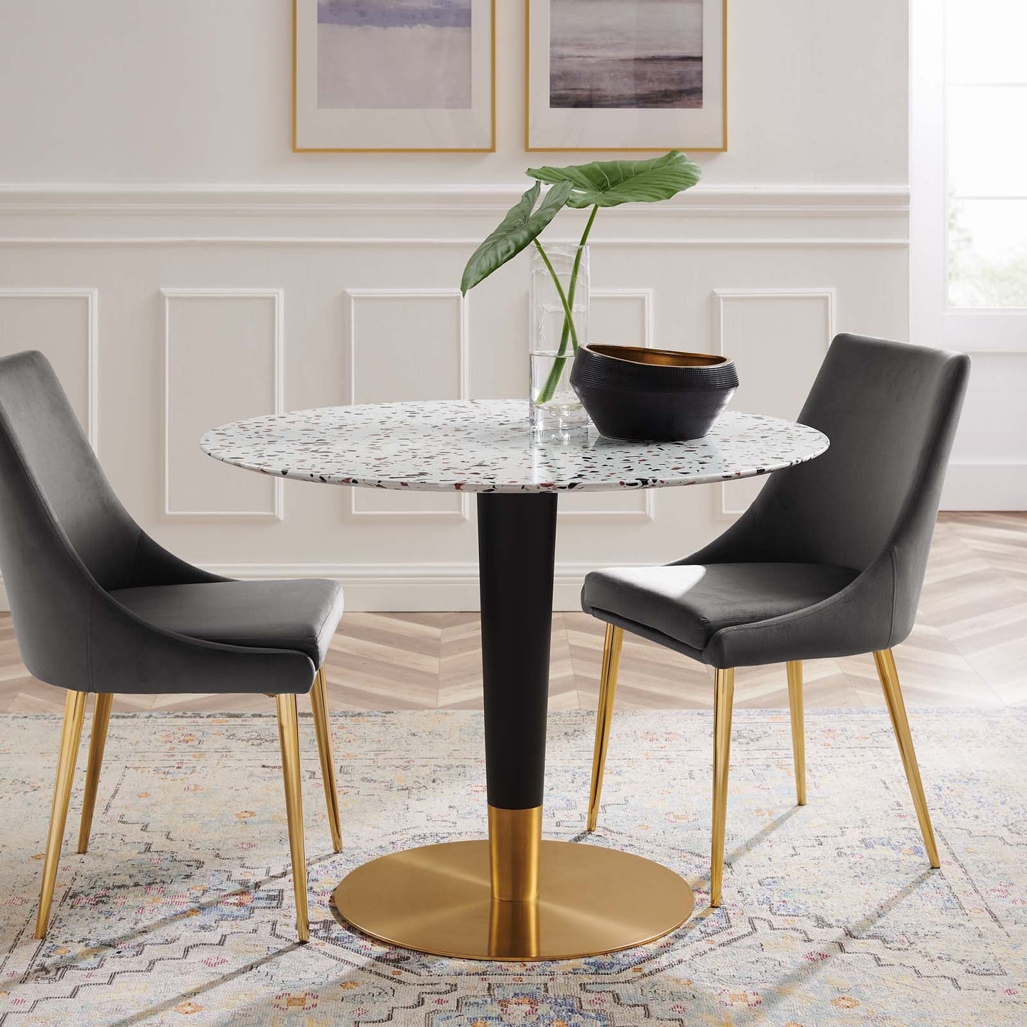 Zinque 40" Round Terrazzo Dining Table Gold White EEI-5727-GLD-WHI