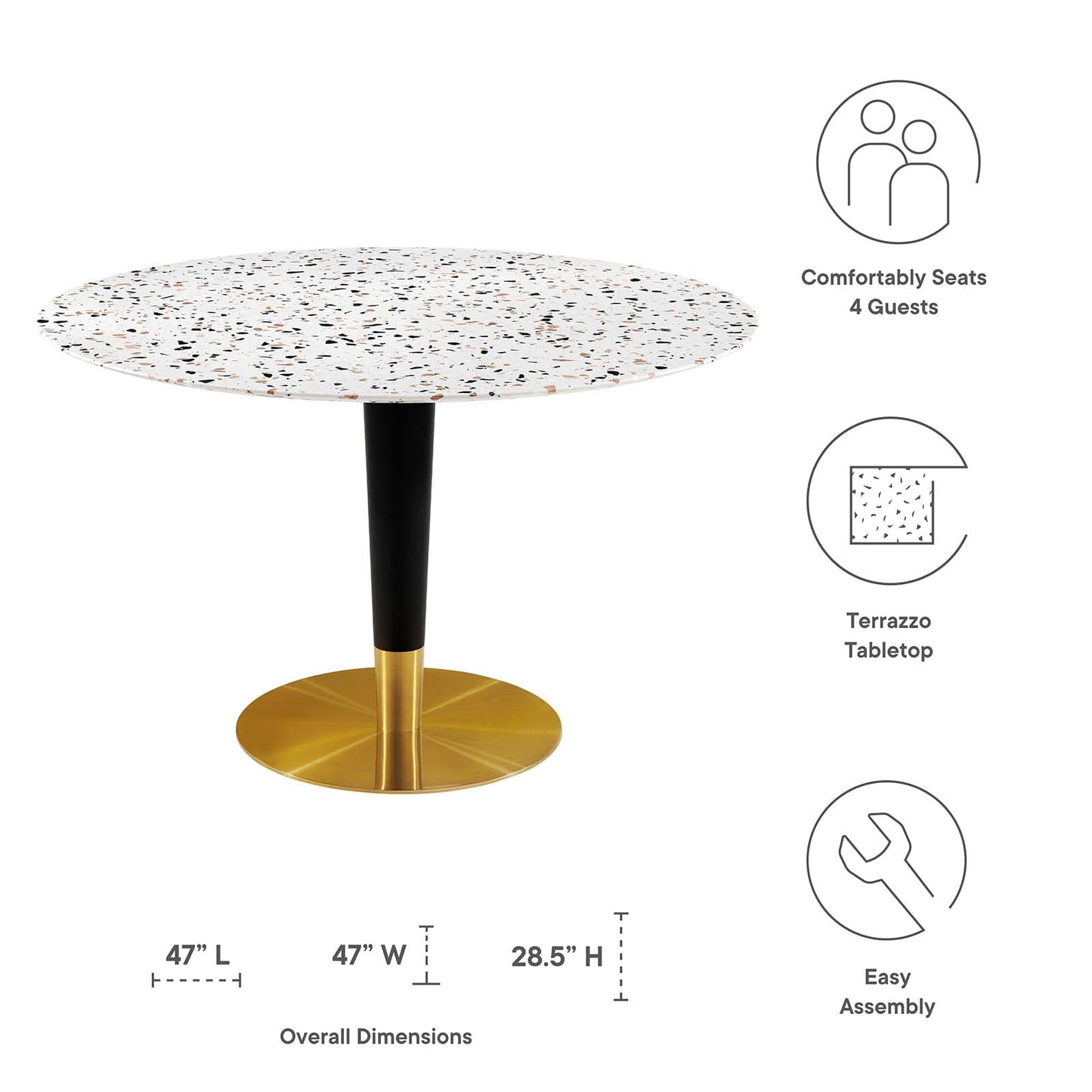 Zinque 47" Round Terrazzo Dining Table Gold White EEI-5732-GLD-WHI