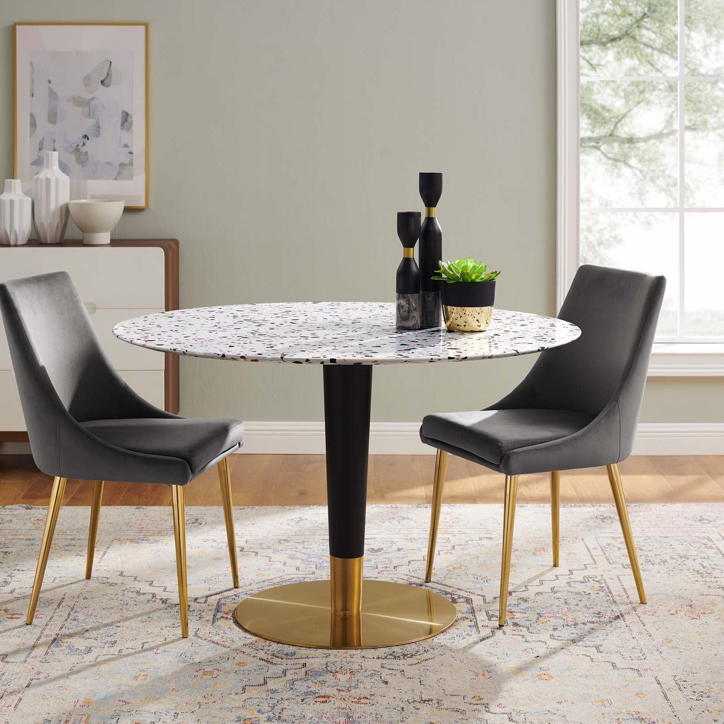 Zinque 47" Round Terrazzo Dining Table Gold White EEI-5732-GLD-WHI