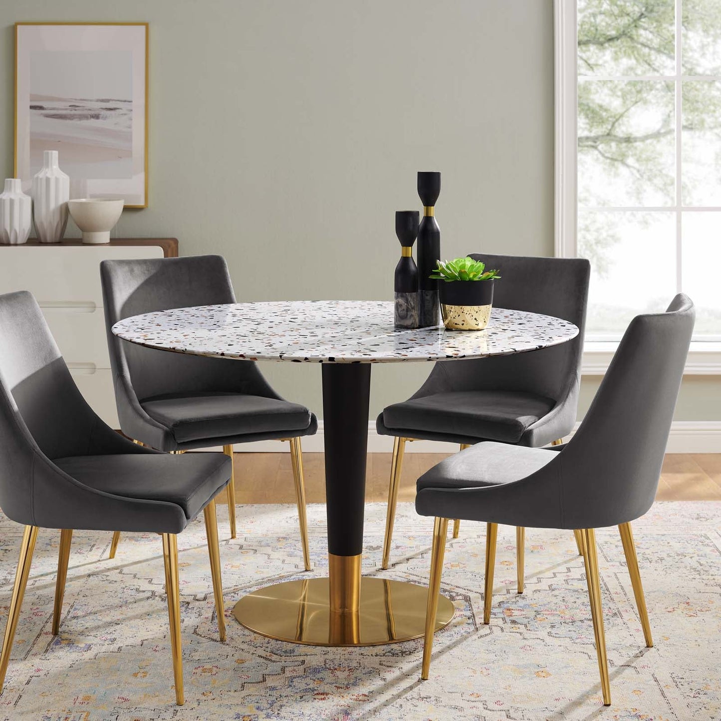 Zinque 47" Round Terrazzo Dining Table Gold White EEI-5732-GLD-WHI