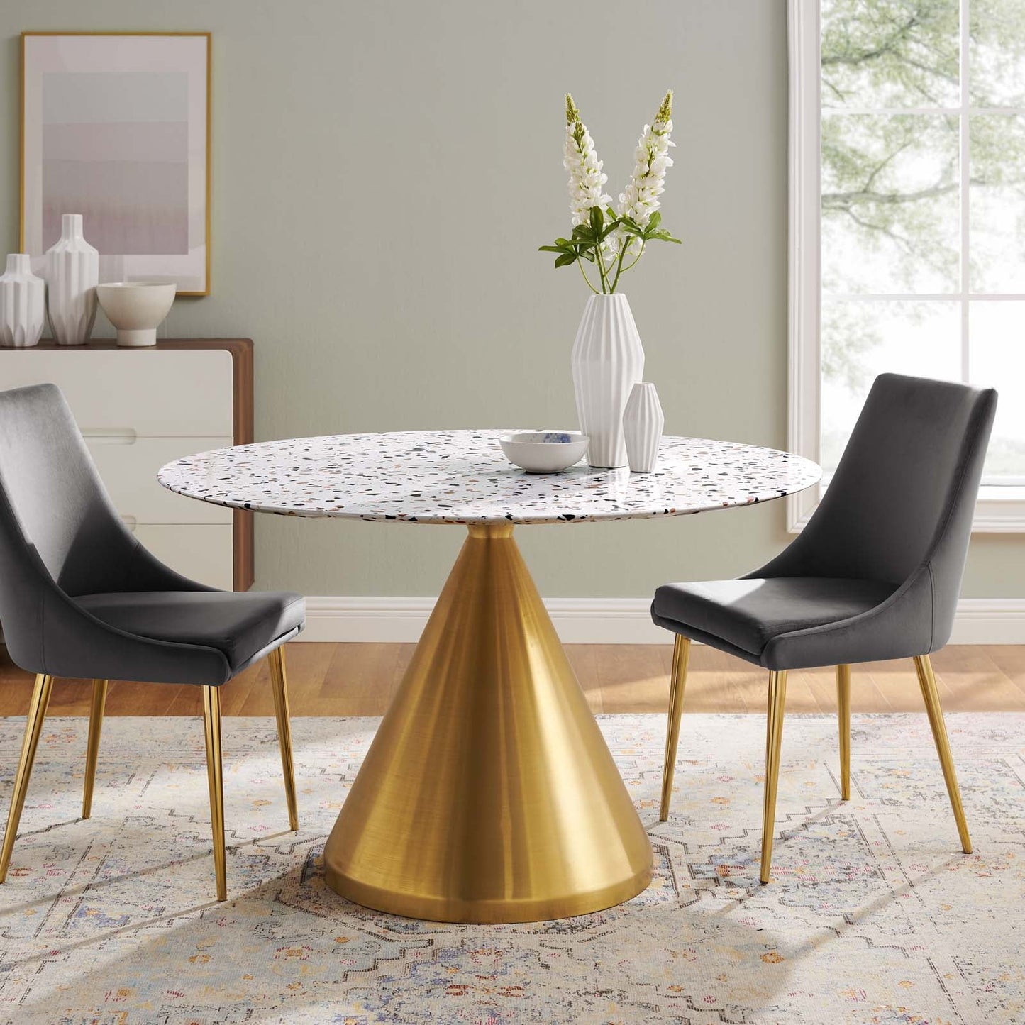 Tupelo 47" Round Terrazzo Dining Table Gold White EEI-5733-GLD-WHI