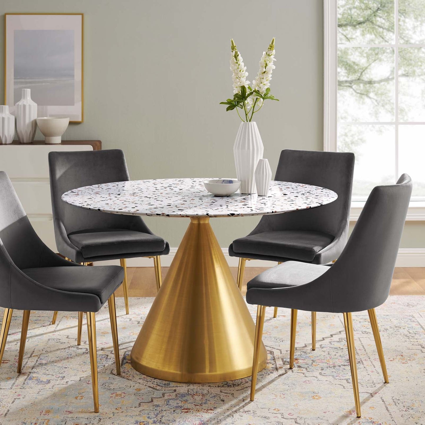 Tupelo 47" Round Terrazzo Dining Table Gold White EEI-5733-GLD-WHI