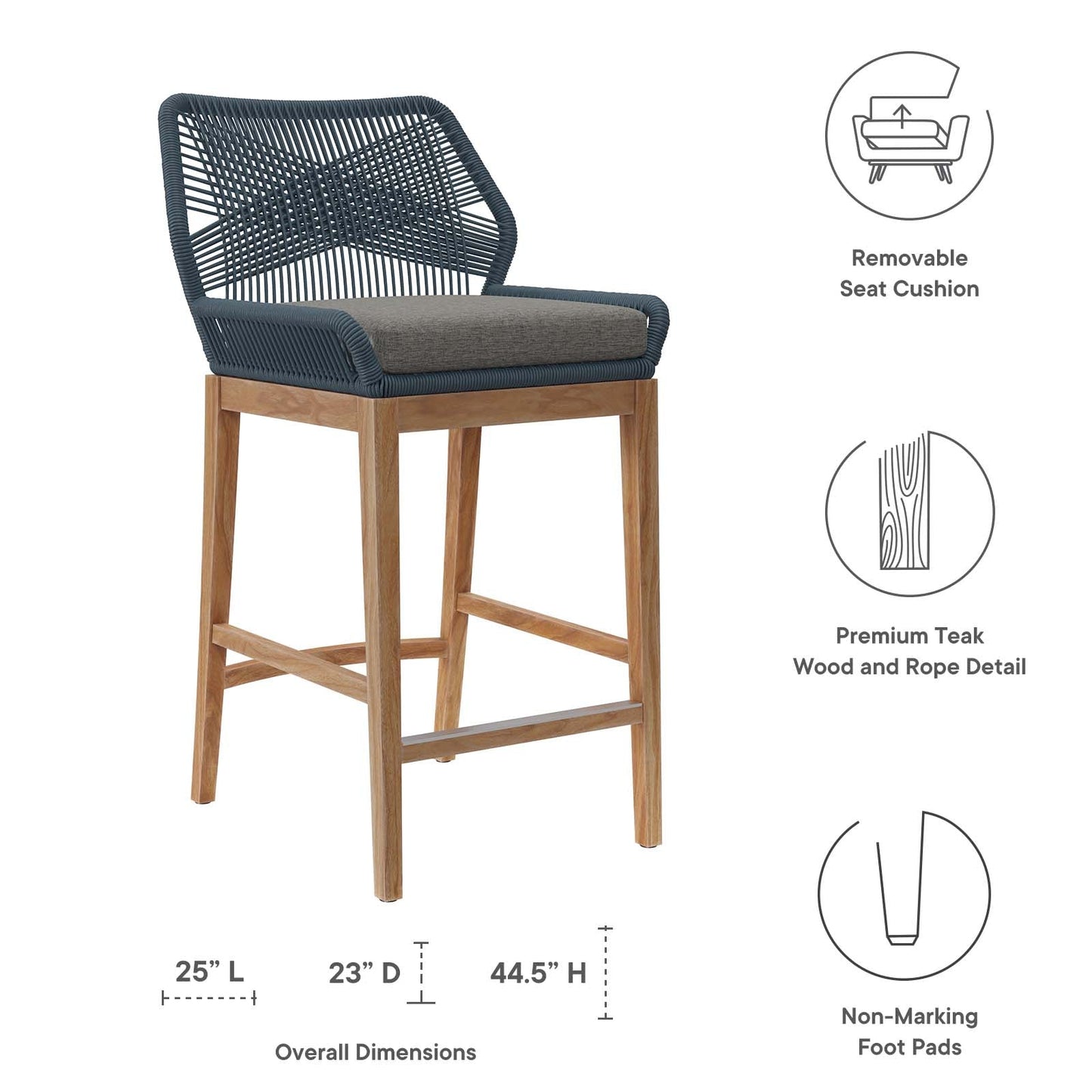 Wellspring Outdoor Patio Outdoor Patio Teak Wood Bar Stool Blue Graphite EEI-5746-BLU-GPH