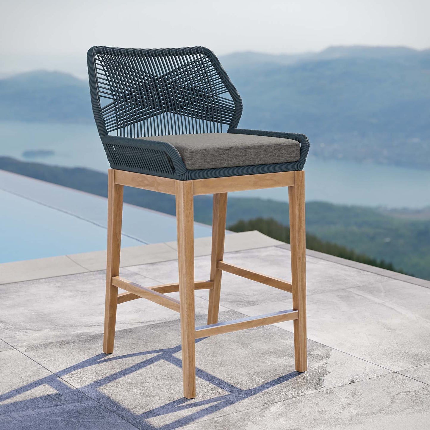 Wellspring Outdoor Patio Outdoor Patio Teak Wood Bar Stool Blue Graphite EEI-5746-BLU-GPH