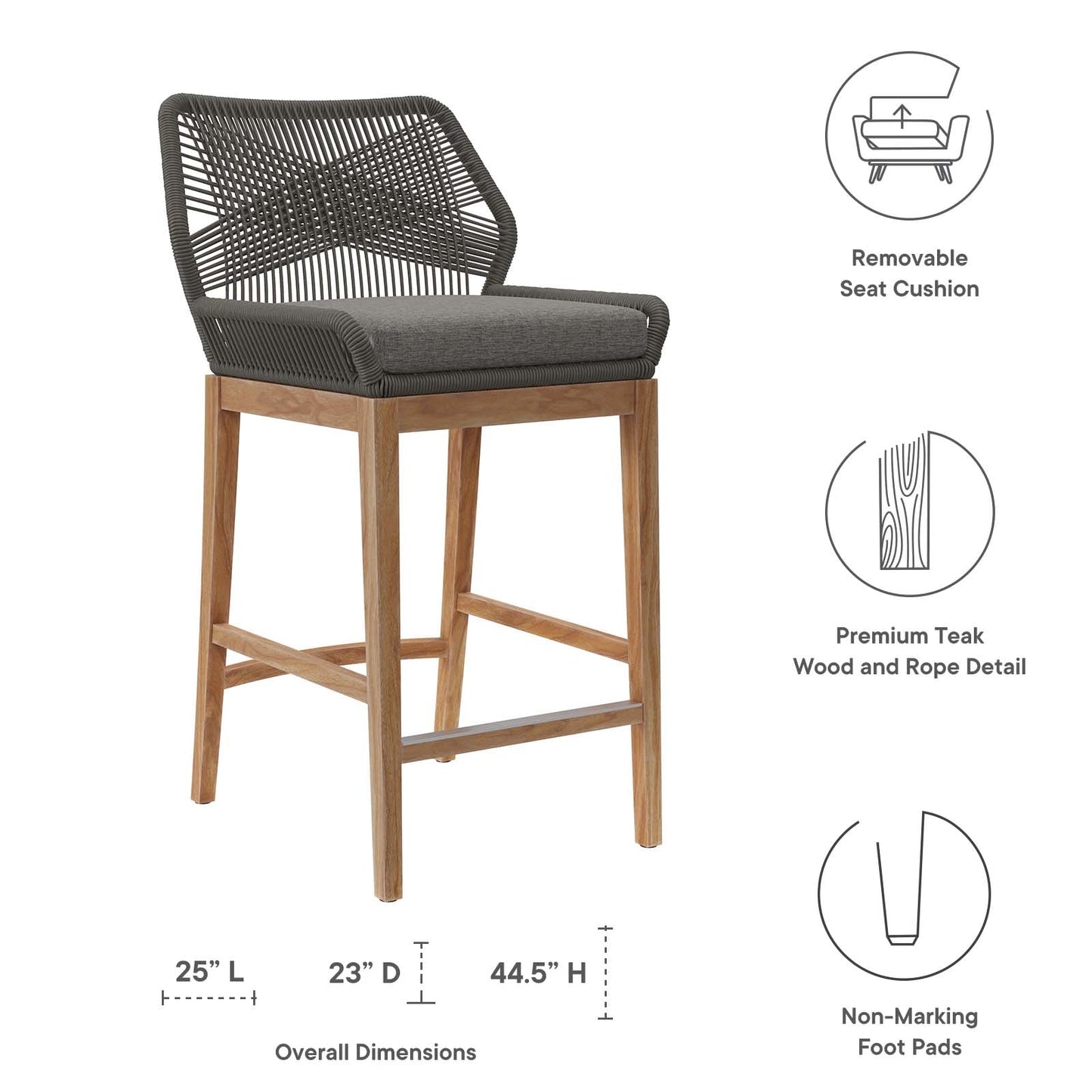 Wellspring Outdoor Patio Outdoor Patio Teak Wood Bar Stool Gray Graphite EEI-5746-GRY-GPH