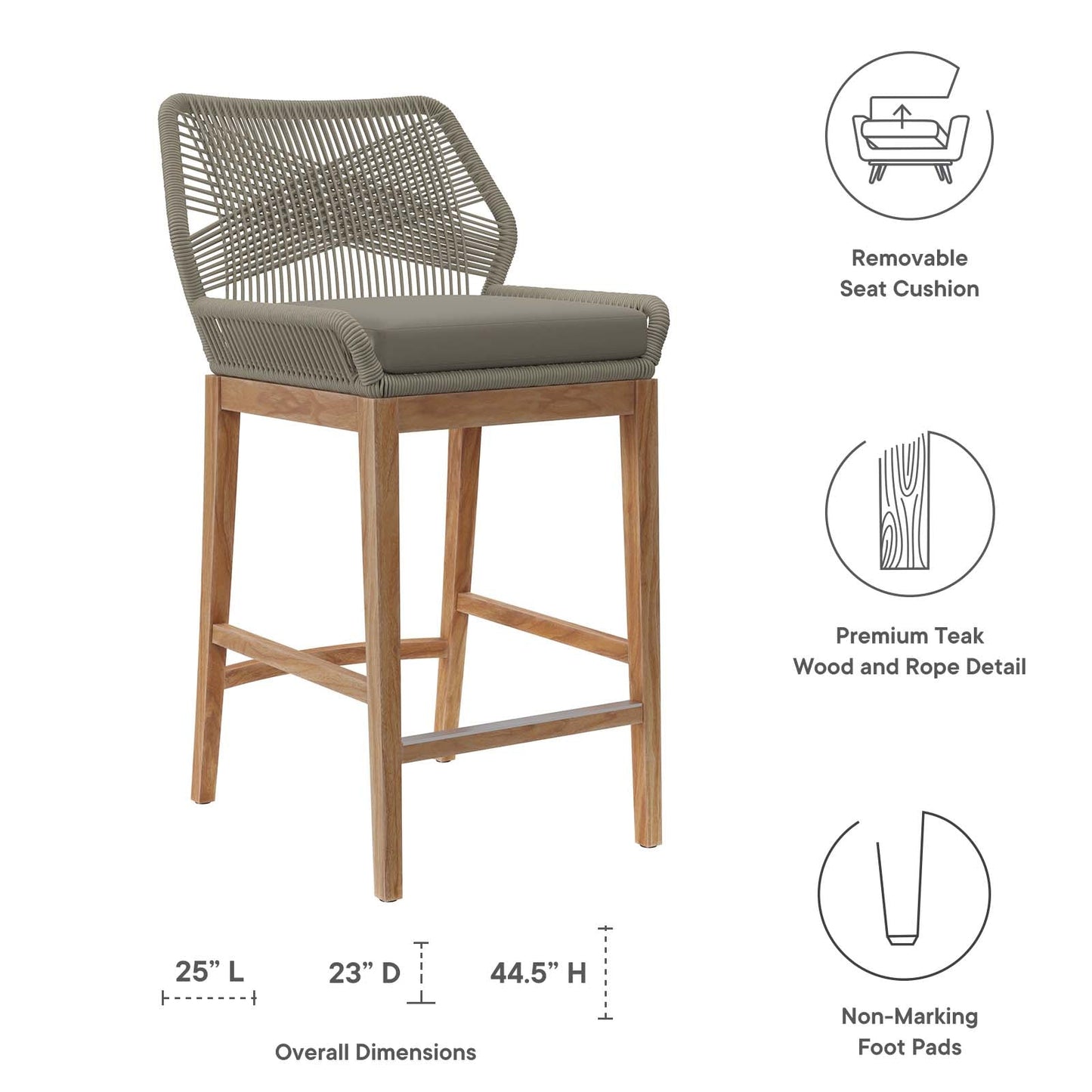 Wellspring Outdoor Patio Outdoor Patio Teak Wood Bar Stool Light Gray Greige EEI-5746-LGR-GRG