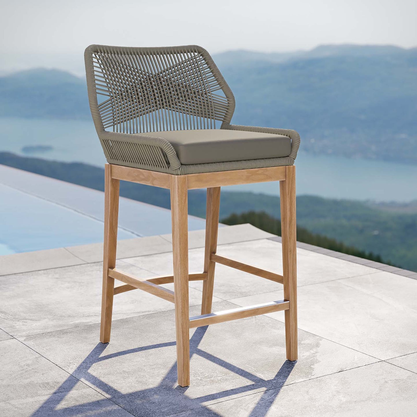 Wellspring Outdoor Patio Outdoor Patio Teak Wood Bar Stool Light Gray Greige EEI-5746-LGR-GRG