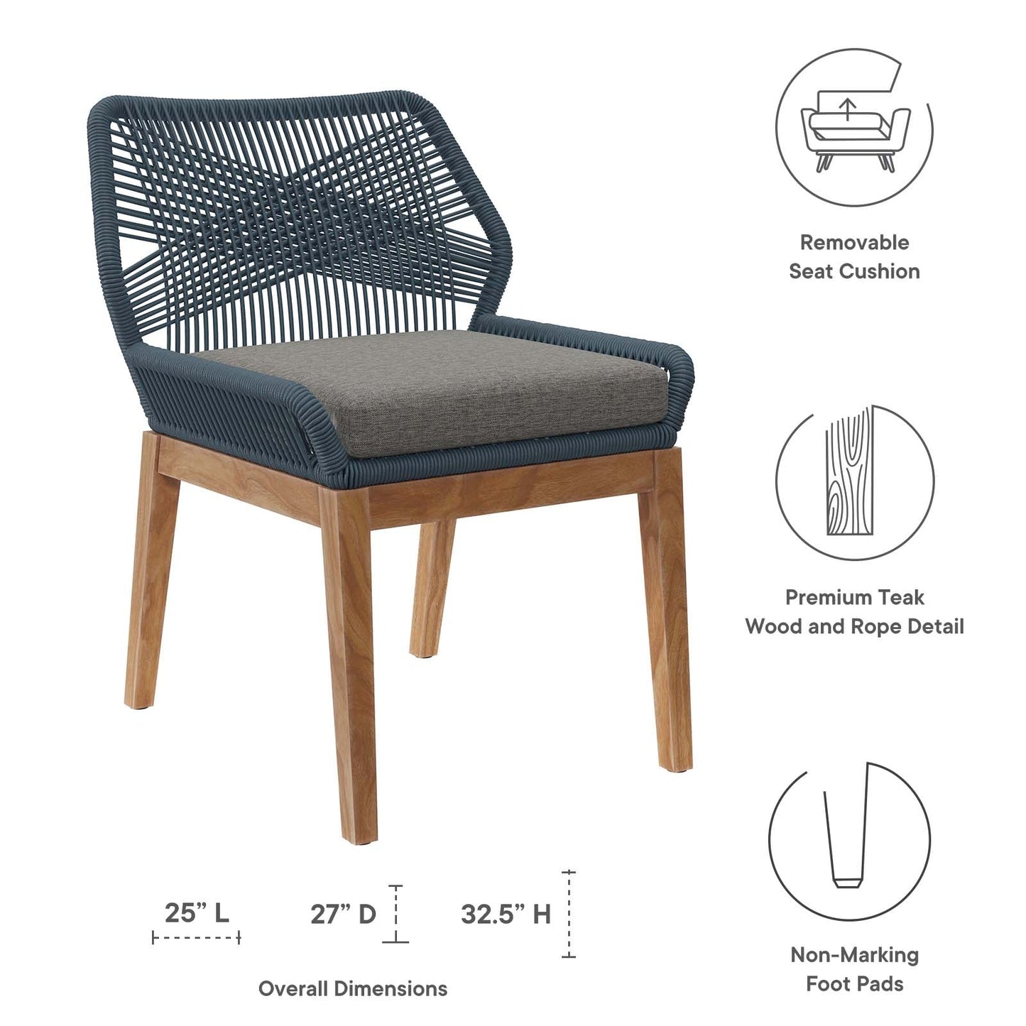 Wellspring Outdoor Patio Teak Wood Dining Chair Blue Graphite EEI-5747-BLU-GPH