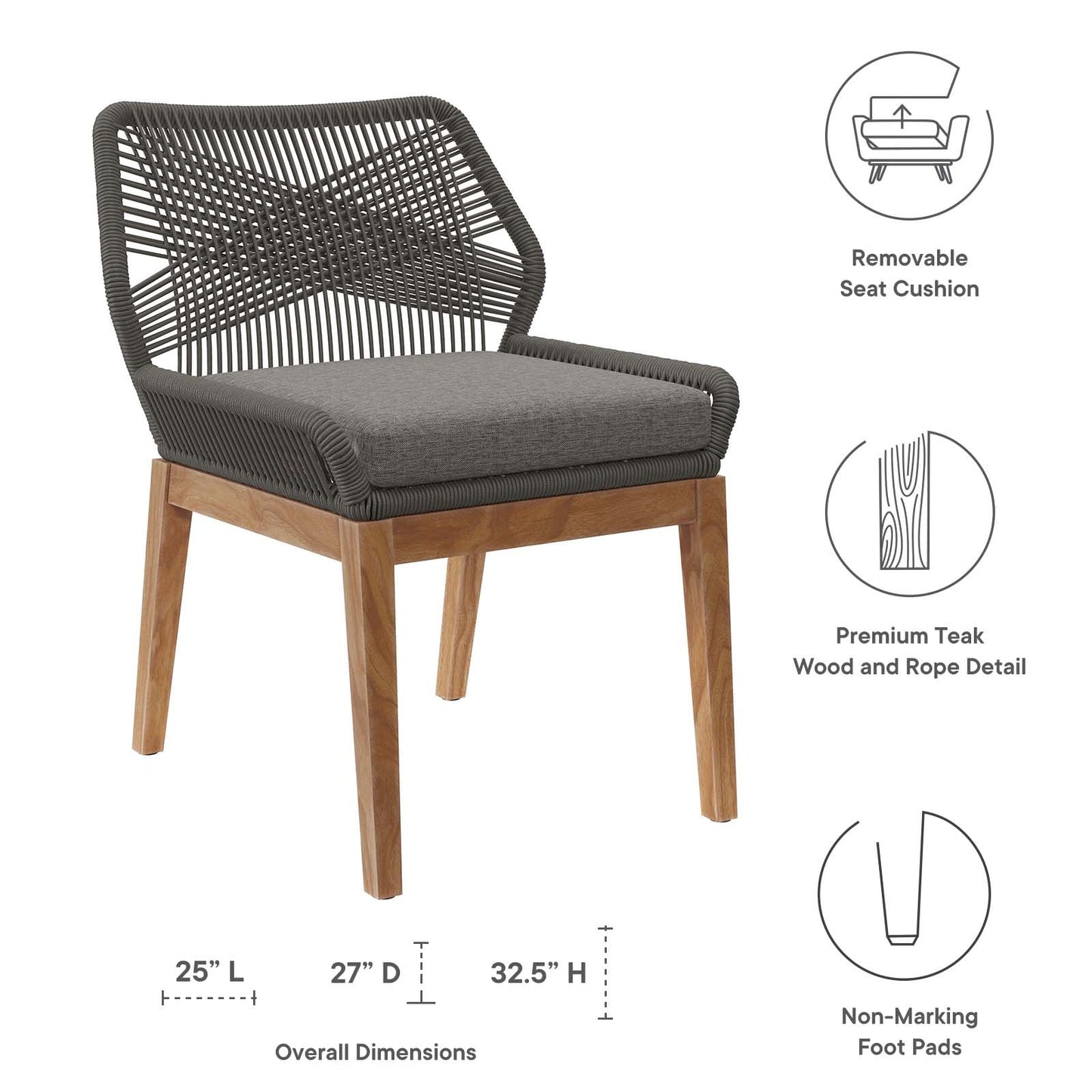 Wellspring Outdoor Patio Teak Wood Dining Chair Gray Graphite EEI-5747-GRY-GPH