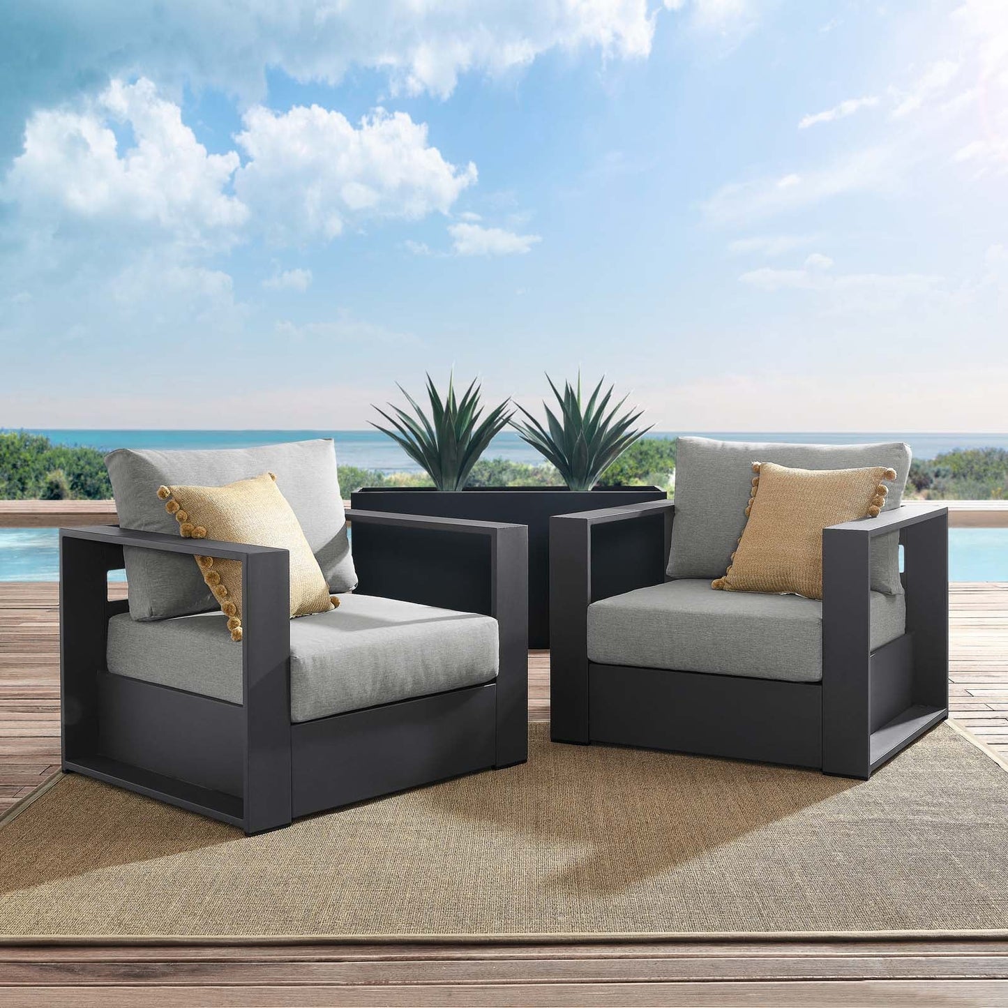 Tahoe Outdoor Patio Powder-Coated Aluminum 2-Piece Armchair Set Gray Gray EEI-5751-GRY-GRY