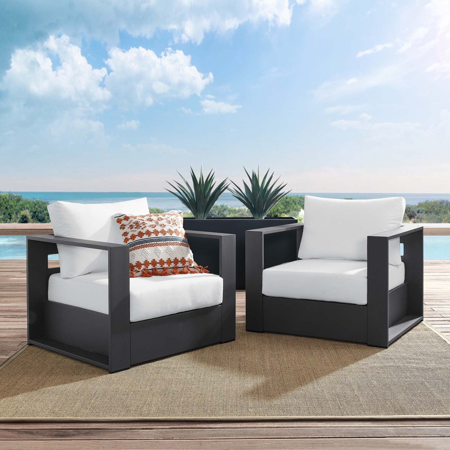 Tahoe Outdoor Patio Powder-Coated Aluminum 2-Piece Armchair Set Gray White EEI-5751-GRY-WHI