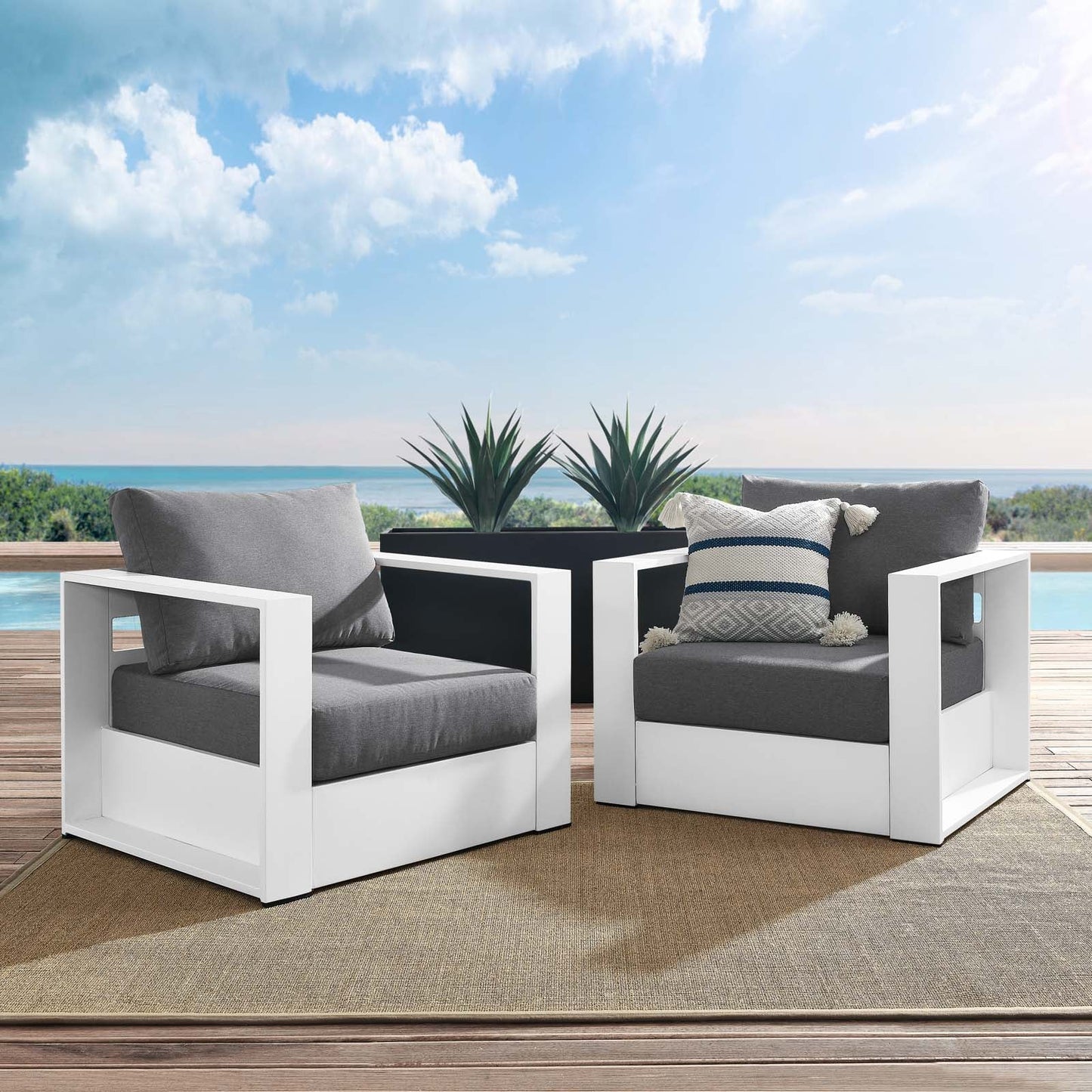 Tahoe Outdoor Patio Powder-Coated Aluminum 2-Piece Armchair Set White Charcoal EEI-5751-WHI-CHA