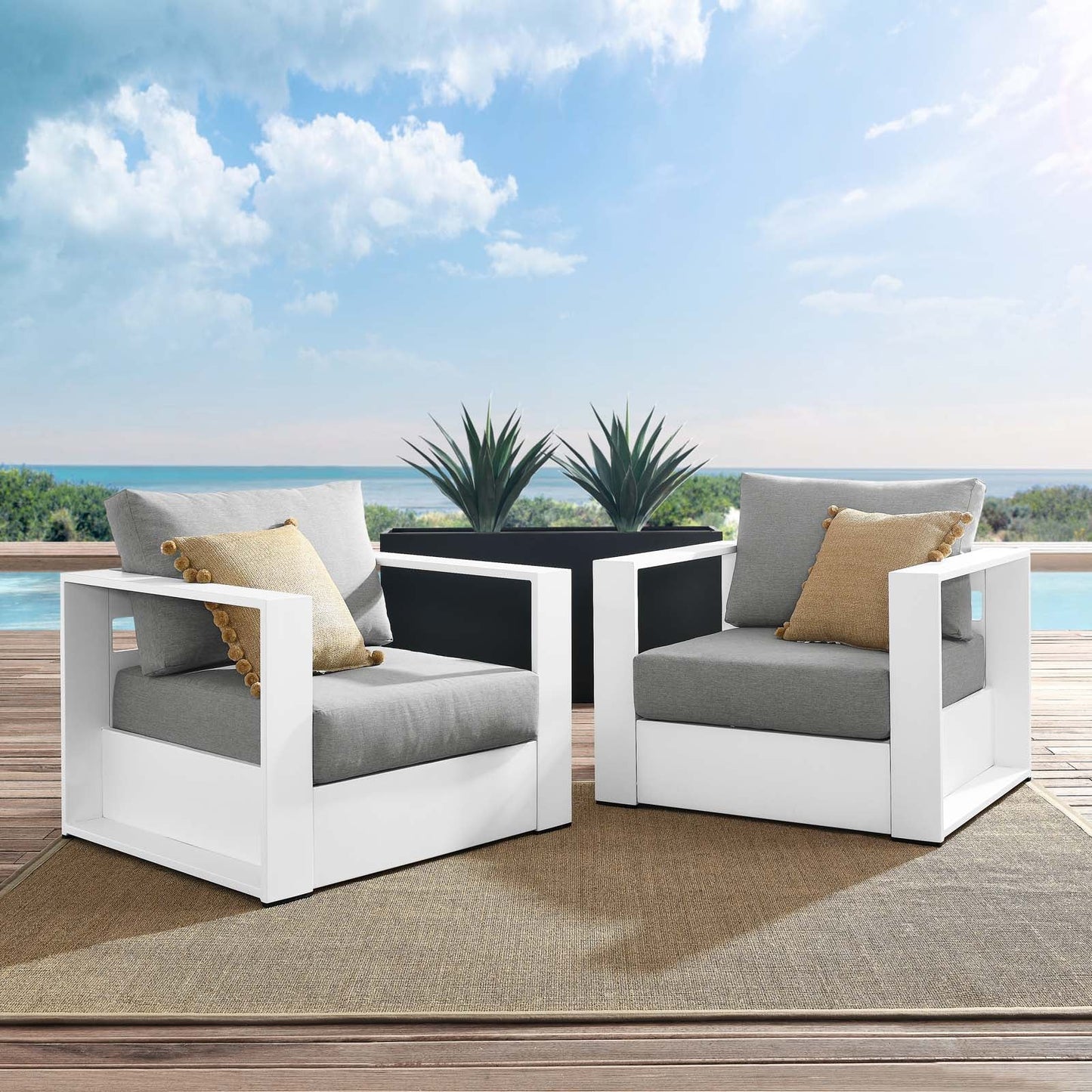 Tahoe Outdoor Patio Powder-Coated Aluminum 2-Piece Armchair Set White Gray EEI-5751-WHI-GRY