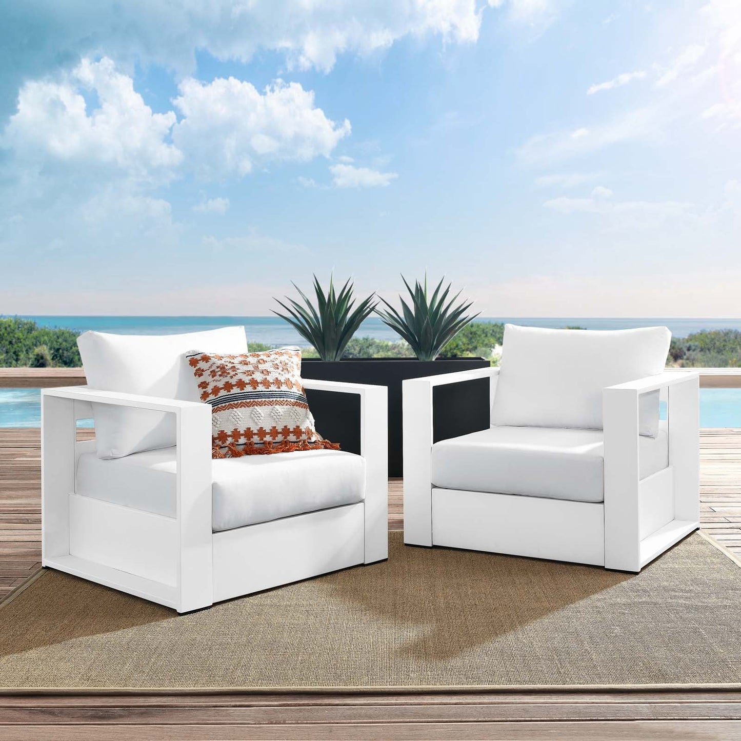 Tahoe Outdoor Patio Powder-Coated Aluminum 2-Piece Armchair Set White White EEI-5751-WHI-WHI