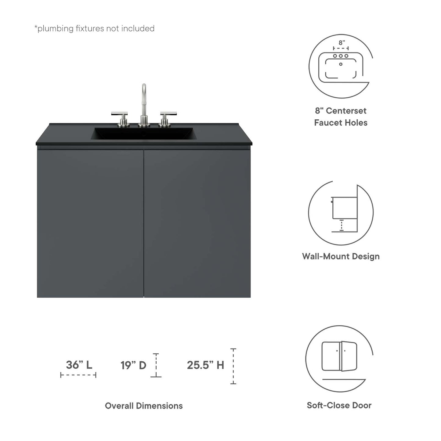 Bryn 36" Wall-Mount Bathroom Vanity Gray Black EEI-5779-GRY-BLK