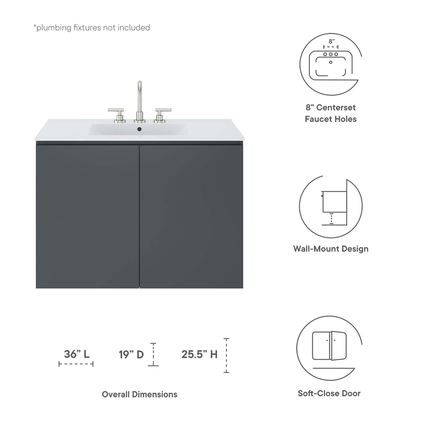 Bryn 36" Wall-Mount Bathroom Vanity Gray White EEI-5779-GRY-WHI