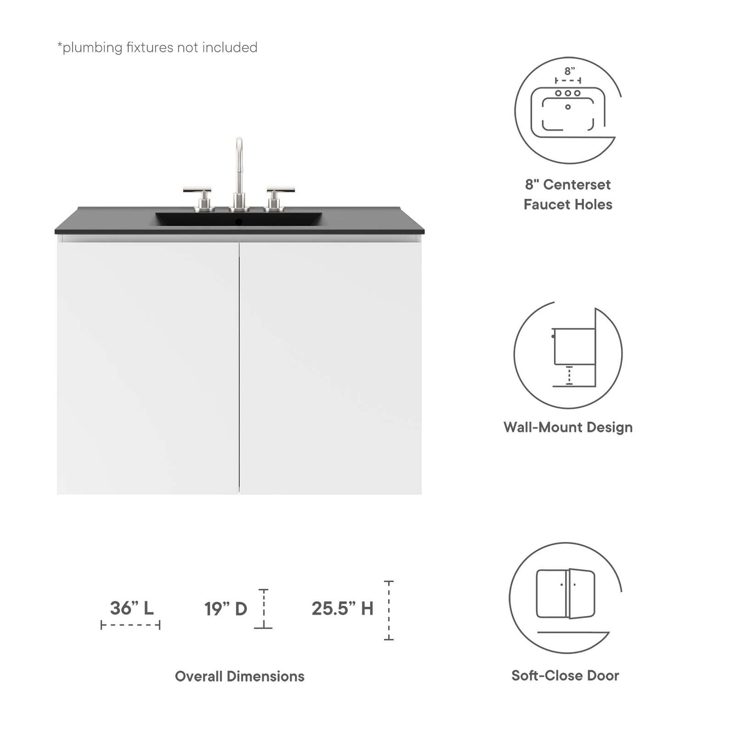 Bryn 36" Wall-Mount Bathroom Vanity White Black EEI-5779-WHI-BLK