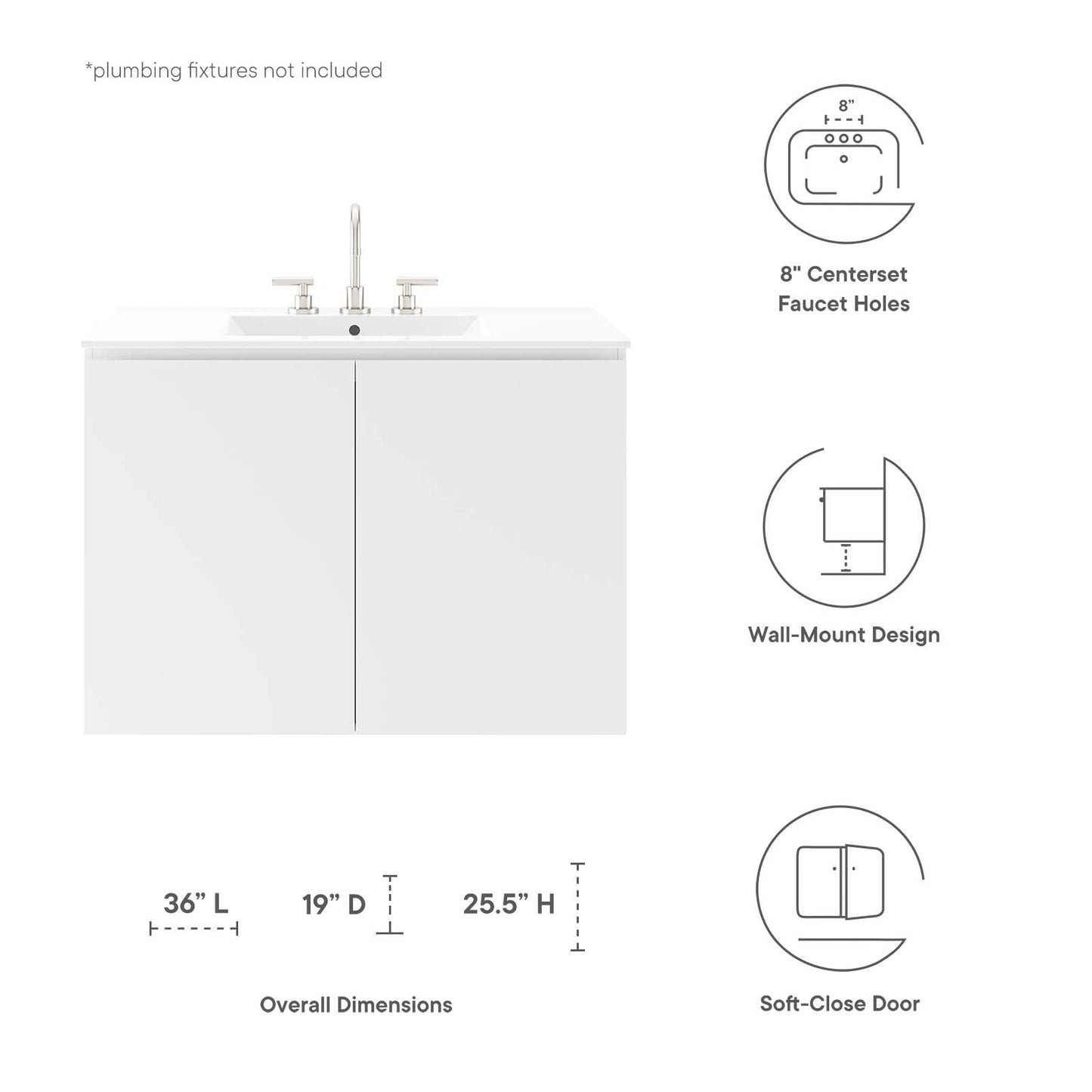 Bryn 36" Wall-Mount Bathroom Vanity White White EEI-5779-WHI-WHI