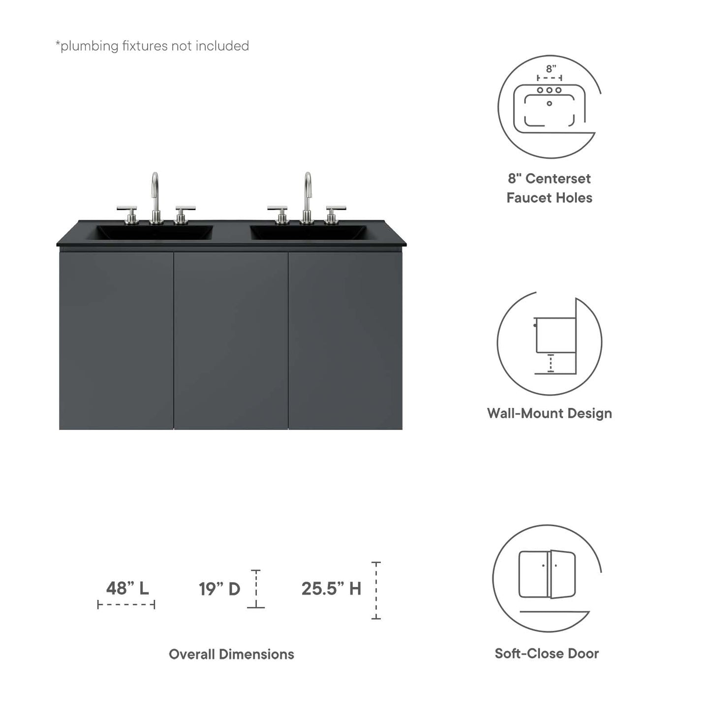 Bryn 48" Wall-Mount Double Sink Bathroom Vanity Gray Black EEI-5781-GRY-BLK