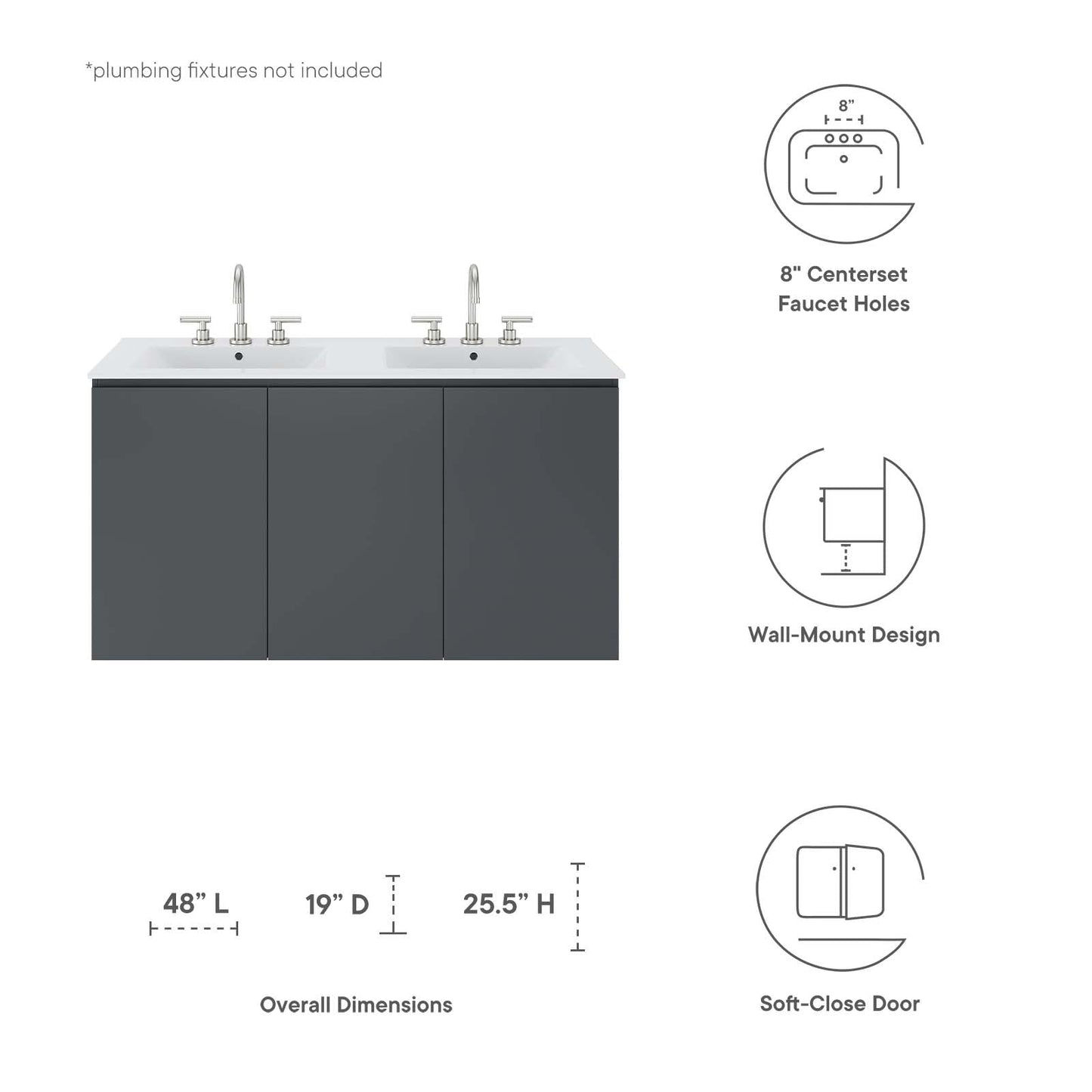 Bryn 48" Wall-Mount Double Sink Bathroom Vanity Gray White EEI-5781-GRY-WHI