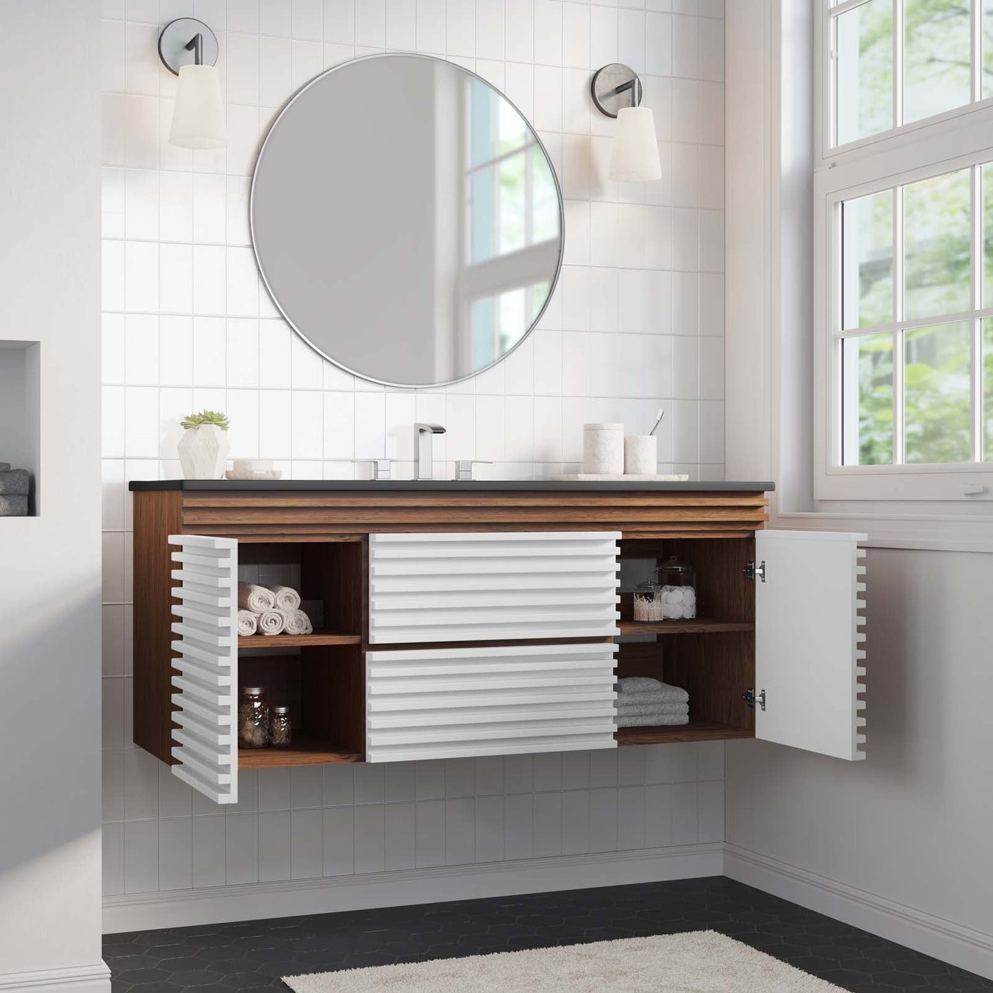 Render 48" Wall-Mount Bathroom Vanity White Walnut Black EEI-5801-WHI-WAL-BLK