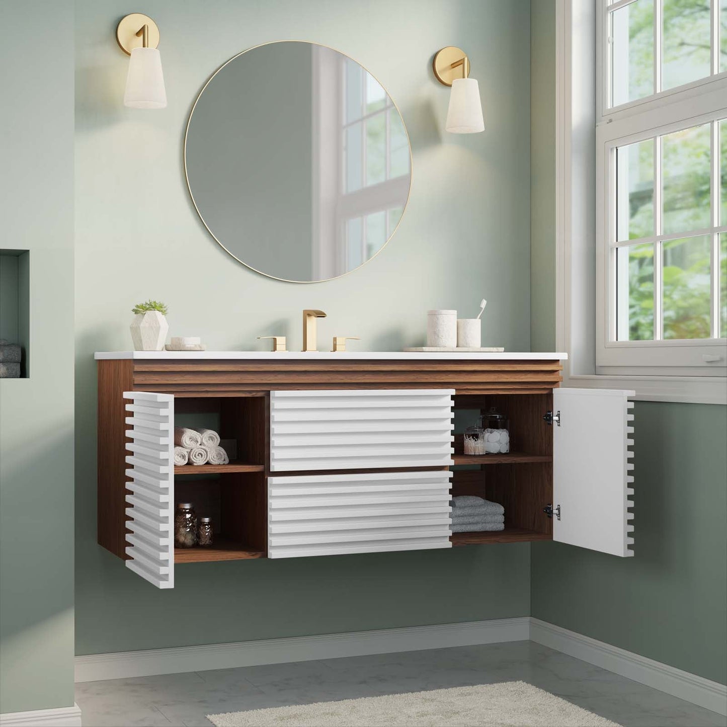 Render 48" Wall-Mount Bathroom Vanity White Walnut White EEI-5801-WHI-WAL-WHI