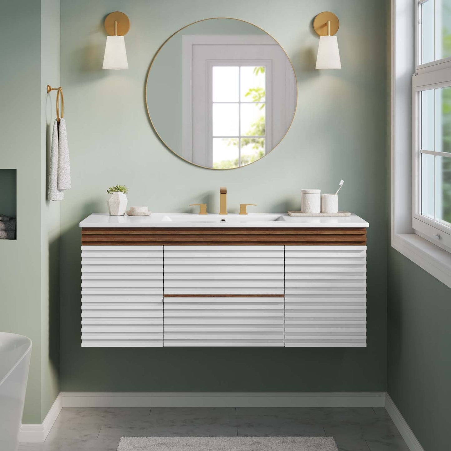 Render 48" Wall-Mount Bathroom Vanity White Walnut White EEI-5801-WHI-WAL-WHI