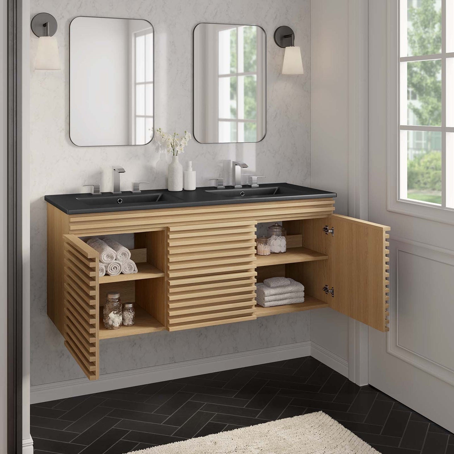 Render 48" Wall-Mount Bathroom Vanity Oak Black EEI-5802-OAK-BLK