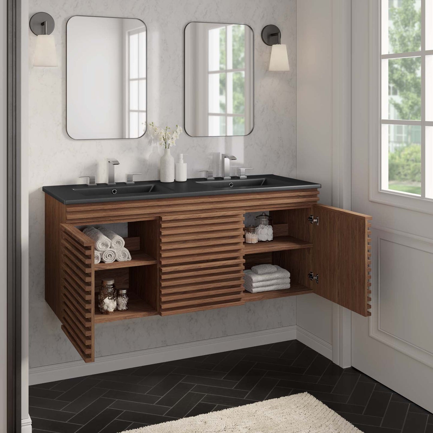 Render 48" Wall-Mount Bathroom Vanity Walnut Black EEI-5802-WAL-BLK