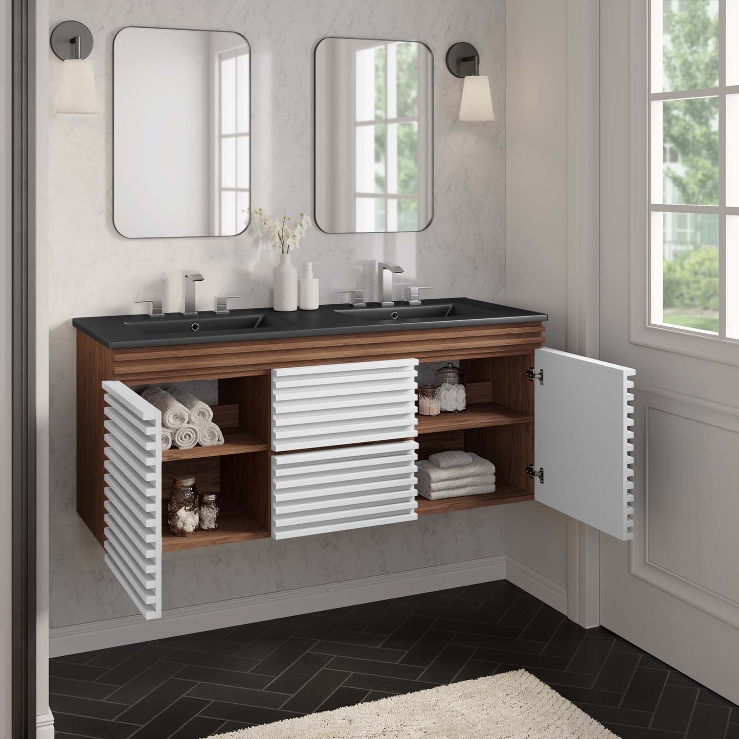 Render 48" Wall-Mount Bathroom Vanity White Walnut Black EEI-5802-WHI-WAL-BLK