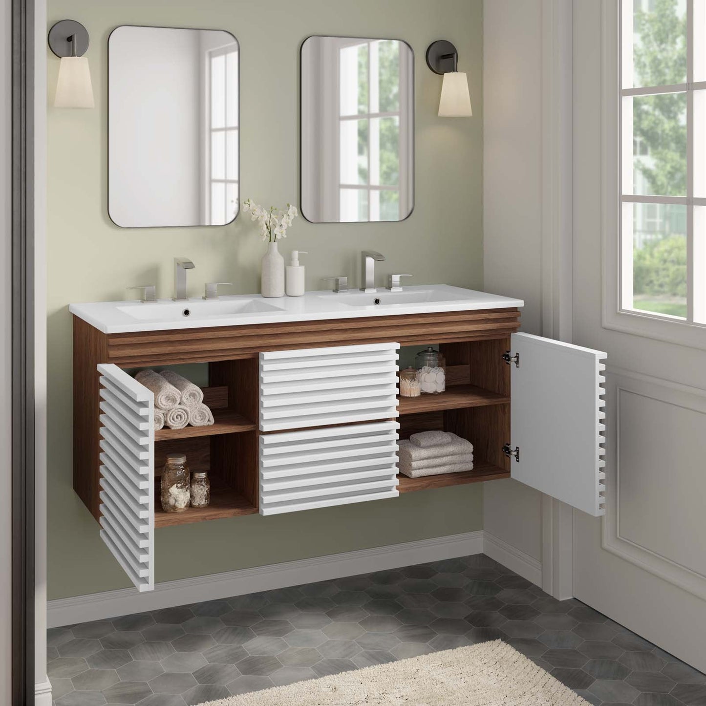 Render 48" Wall-Mount Bathroom Vanity White Walnut White EEI-5802-WHI-WAL-WHI