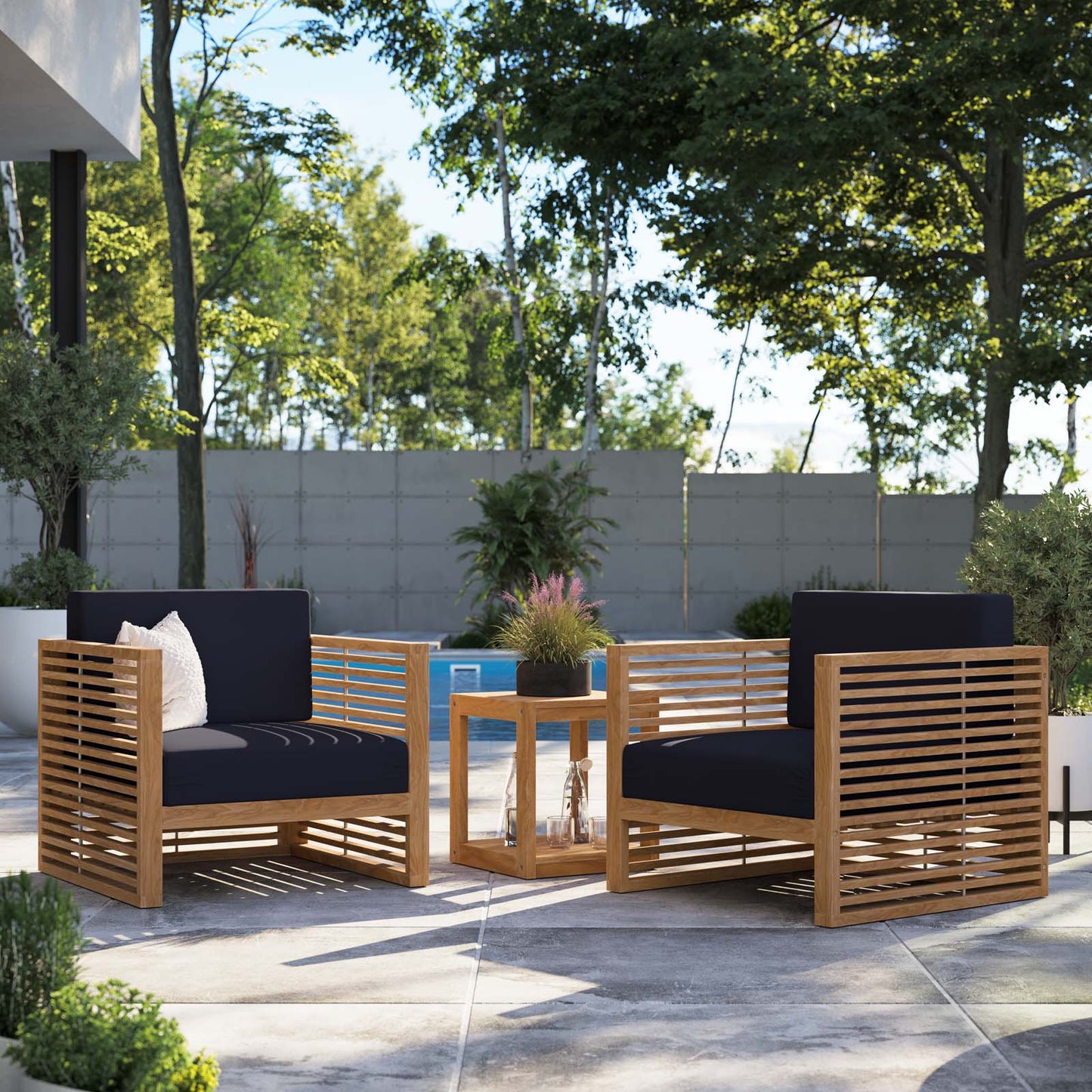 Carlsbad 3-Piece Teak Wood Outdoor Patio Set Natural Navy EEI-5838-NAT-NAV