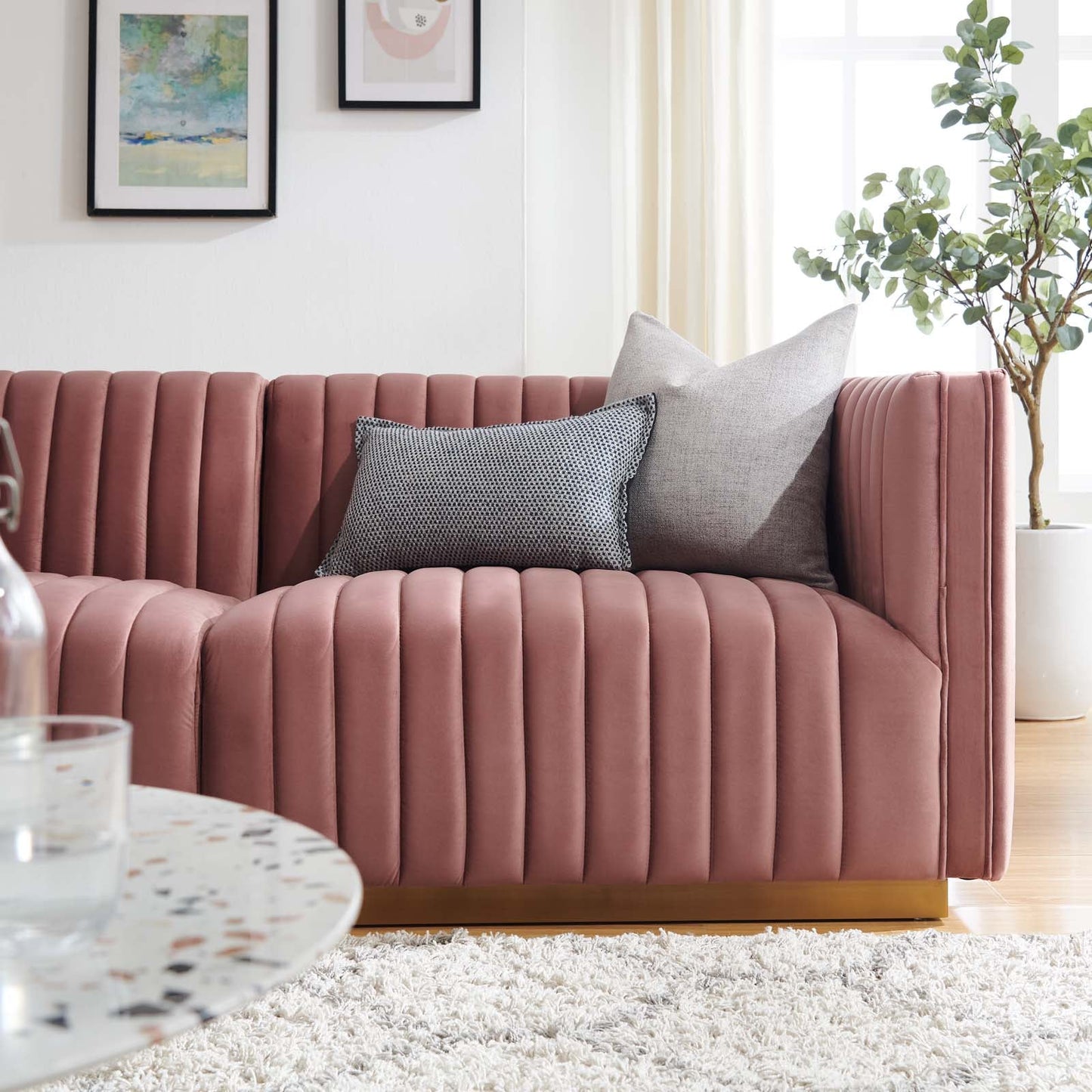 Conjure Channel Tufted Performance Velvet Loveseat Gold Dusty Rose EEI-5842-GLD-DUS