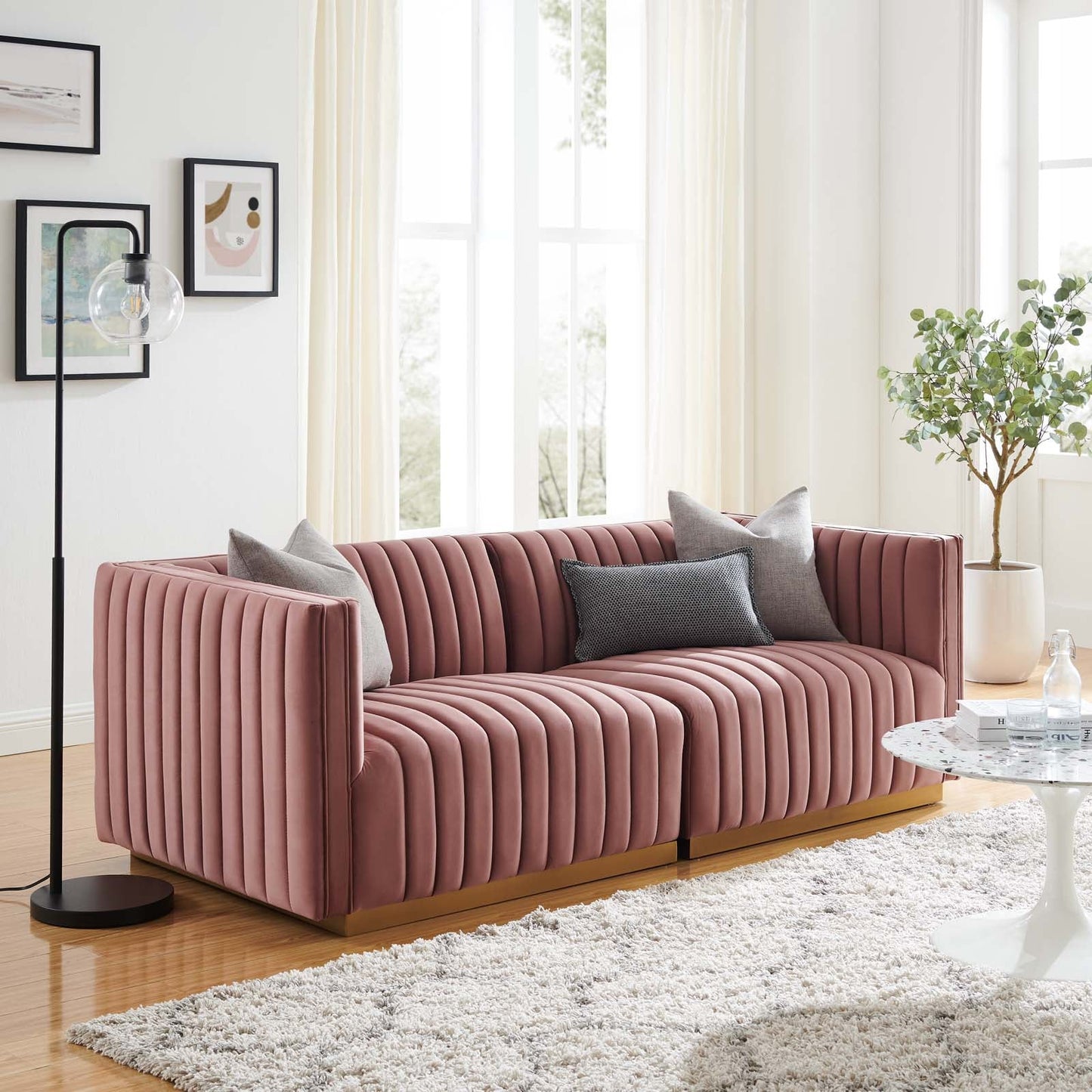 Conjure Channel Tufted Performance Velvet Loveseat Gold Dusty Rose EEI-5842-GLD-DUS