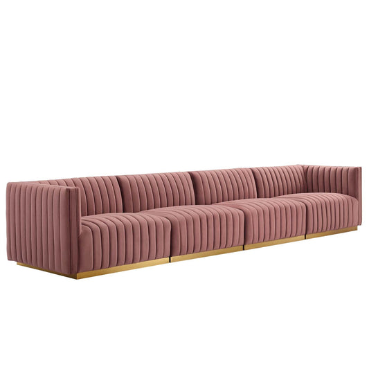 Conjure Channel Tufted Performance Velvet 4-Piece Sofa Gold Dusty Rose EEI-5845-GLD-DUS