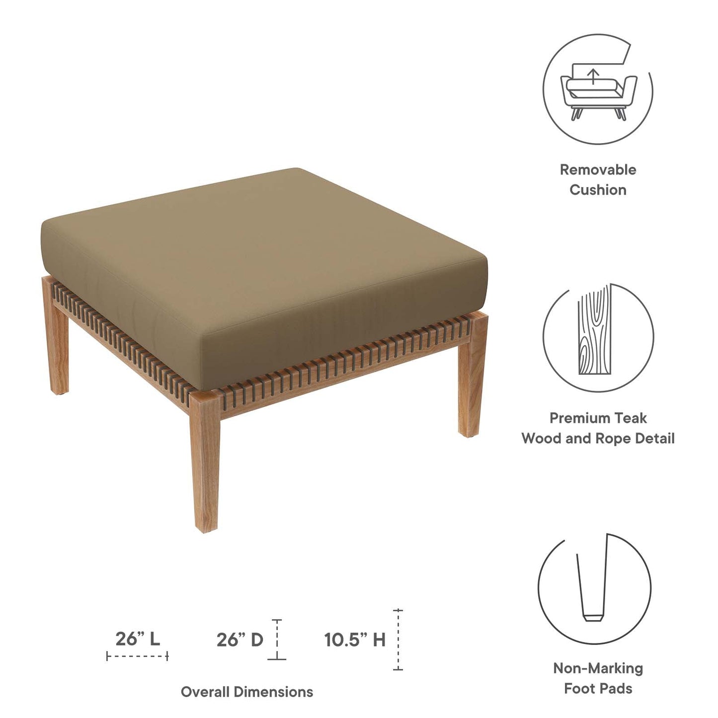 Clearwater Outdoor Patio Teak Wood Ottoman Gray Light Brown EEI-5854-GRY-LBR