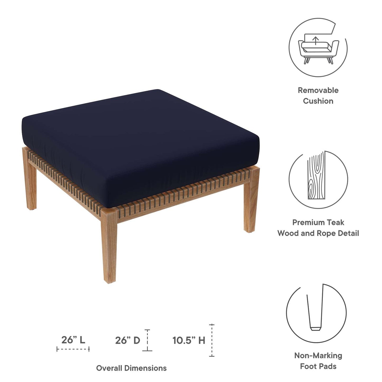 Clearwater Outdoor Patio Teak Wood Ottoman Gray Navy EEI-5854-GRY-NAV