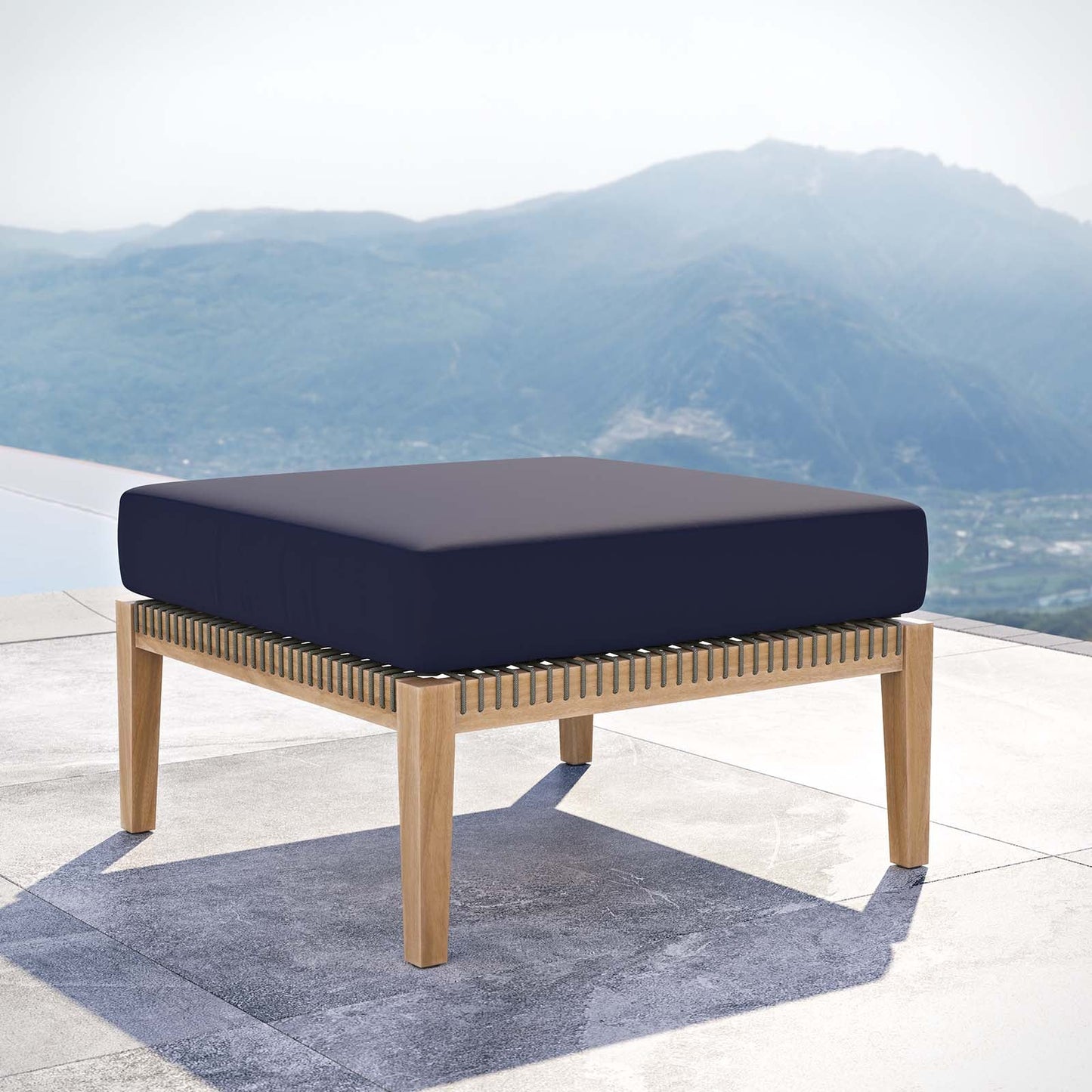 Clearwater Outdoor Patio Teak Wood Ottoman Gray Navy EEI-5854-GRY-NAV