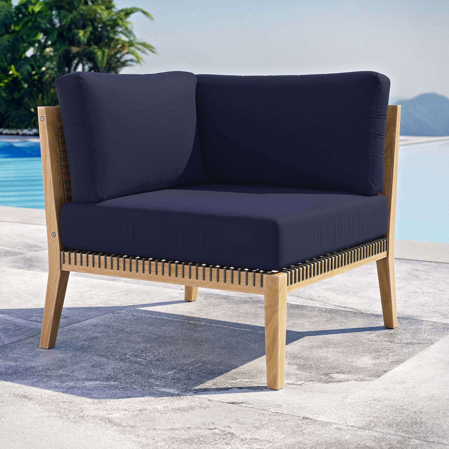 Clearwater Outdoor Patio Teak Wood Corner Chair Gray Navy EEI-5855-GRY-NAV